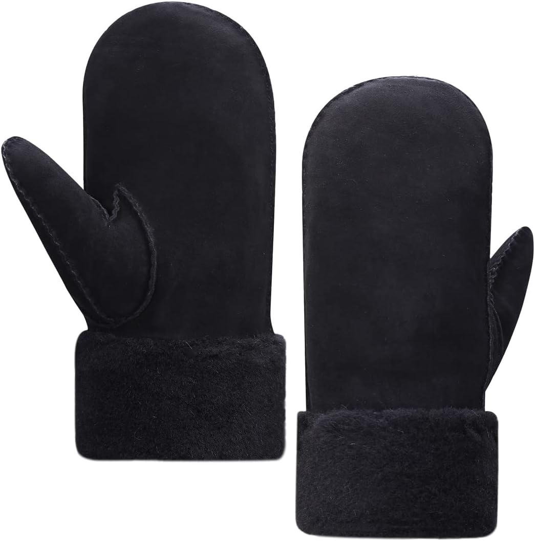 Detalle de Harssidanzar Herren Winter Fäustlinge – Lederfäustlinge mit Lammfellfutter und Pelzmanschette KM042EU