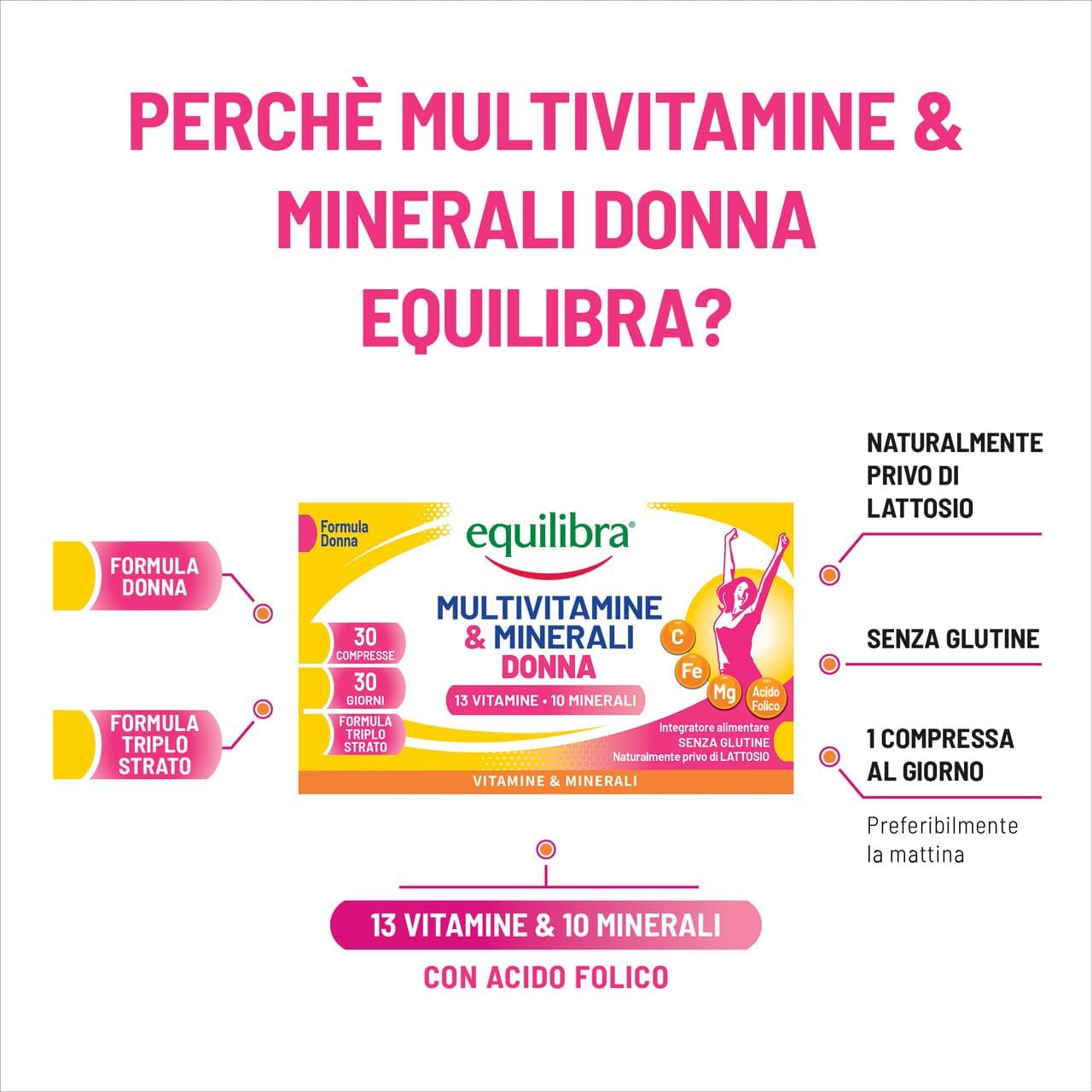 Detalle de Equilibra Multivitamine & Minerali Donna in 3 strati: magnesio, ferro, acido folico e vitamina C, senza glutine (3 confezioni)
