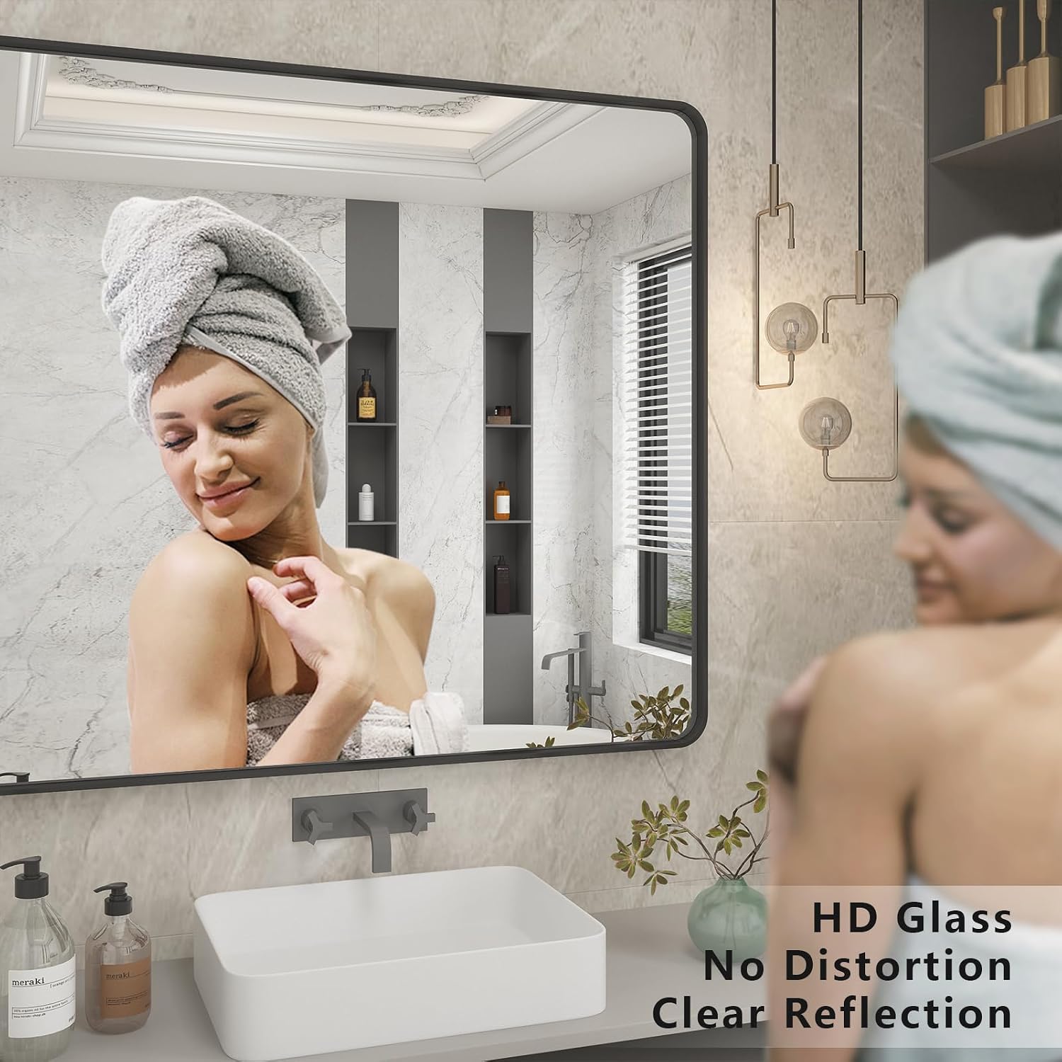 Detalle de CHARMOR 30x36 Inch Rectangular Bathroom Mirror with Black Matte Aluminum Frame