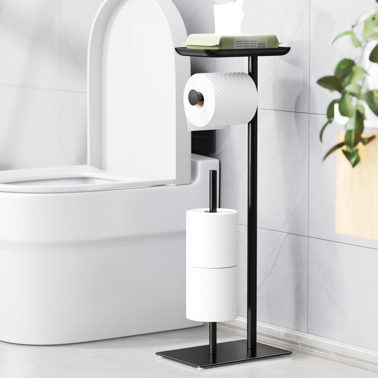 Detalle de Black Toilet Paper Holder Stand with Top Storage Shelf — Free Standing Floor Dispenser for 4 Reserve Rolls