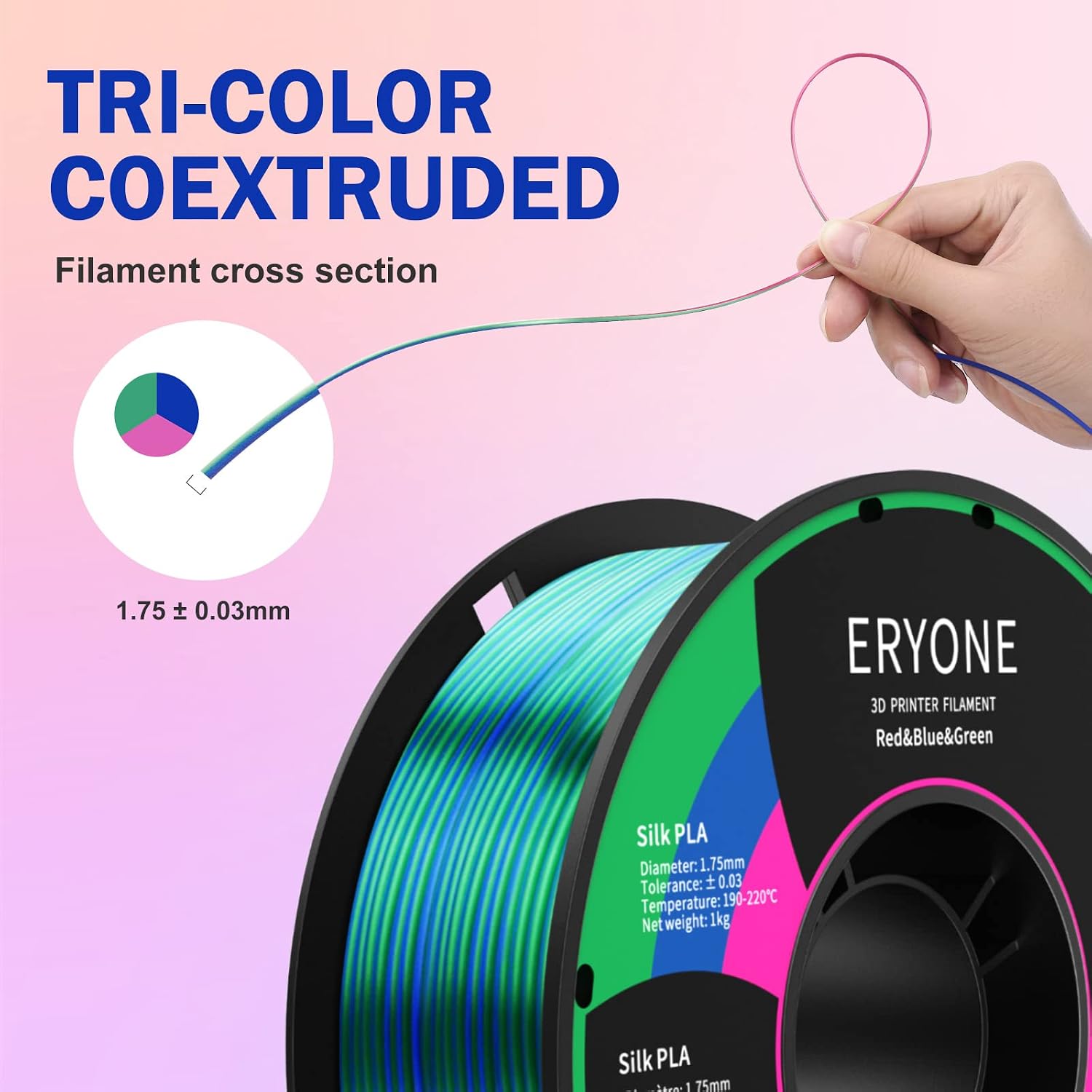 Thumbnail 3 de ERYONE Silk Tri-Color Coextrusion PLA Filament 1,75 mm (1 kg) – Seidig mehrfarbig mit Rot/Blau/Grün