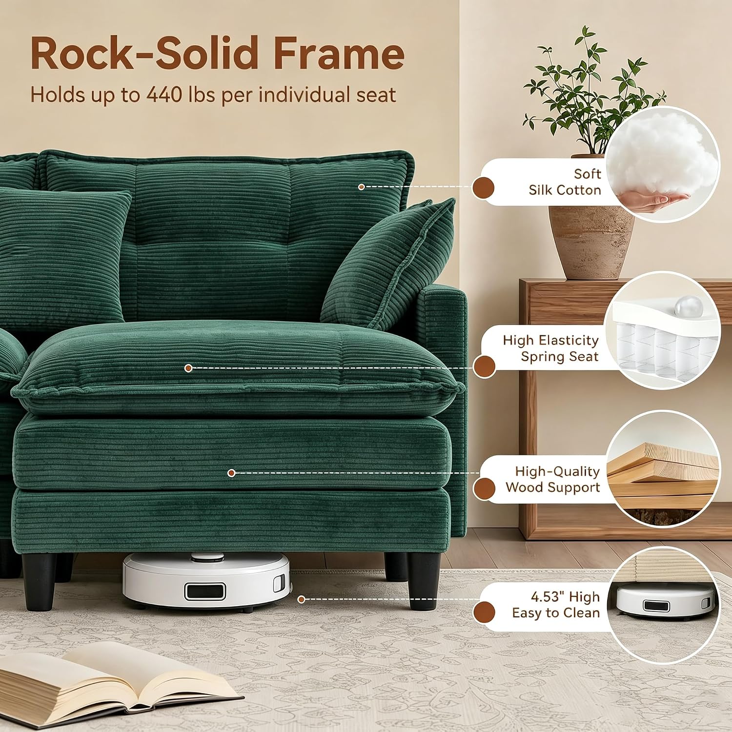 Detalle de Corduroy Sectional Sofa, 107.3-Inch