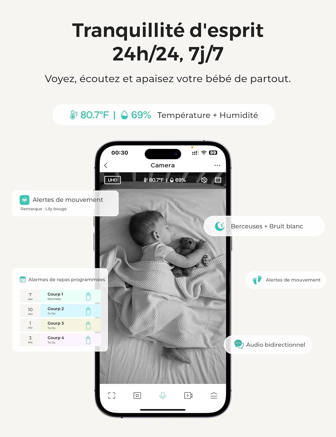 Thumbnail 3 de Dr.Care Babyphone avec application téléphone, WiFi, écran 4“ et 2 caméras (1080P/écran divisé 720P)