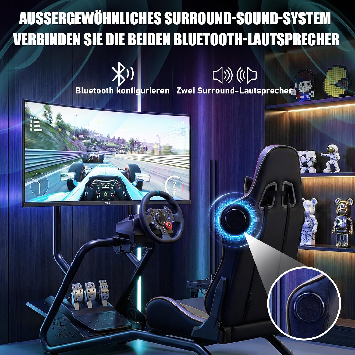 Detalle de GTPLAYER Simulator Cockpit: Vielseitiges Rennsimulator-Lenkradständer-System mit 3D-Sound