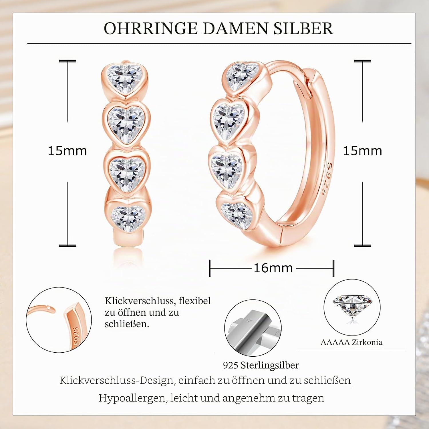 Detalle de Josfeva Silber Creolen Ohrringe – 925er Sterling Silber, Quadrat Herz Kreuz, 15×16 mm, 2,32 g, mit Cubic Zirkonia