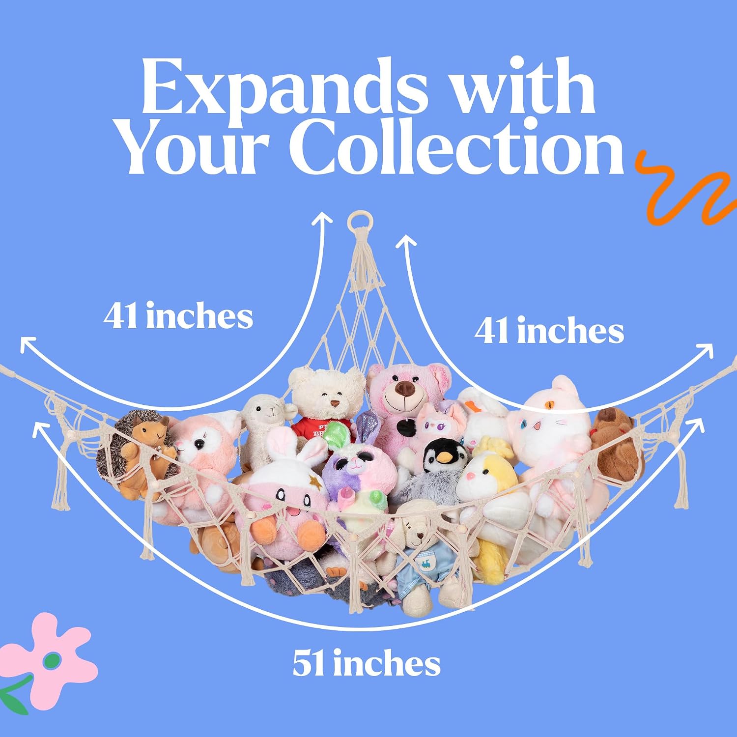 Detalle de Lilly's Love Macrame Stuffed Animal Hammock Corner Storage with LED String Lights (White)