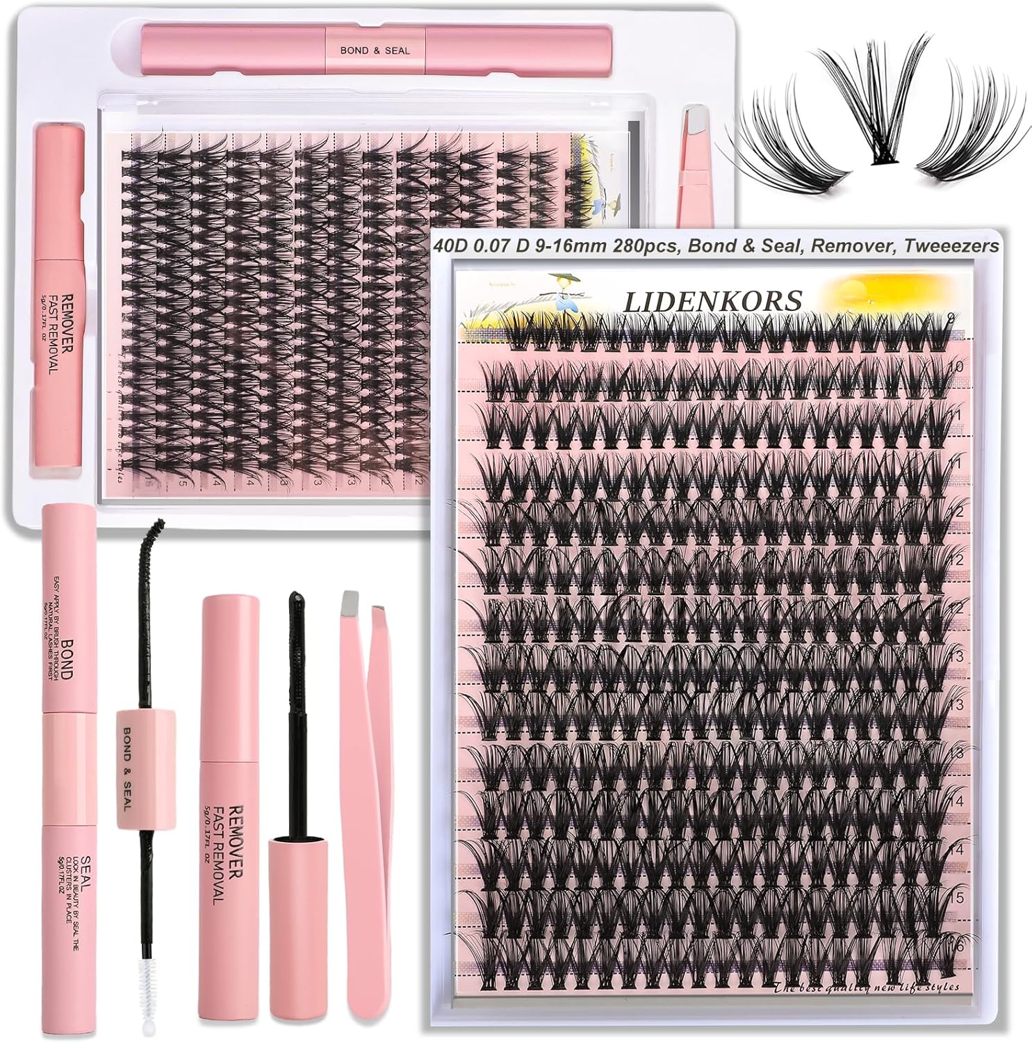 Detalle de LIDENKORS 280-Piece Lash Cluster Kit, D-Curl 9–16 mm, 2-in-1 Bond & Seal