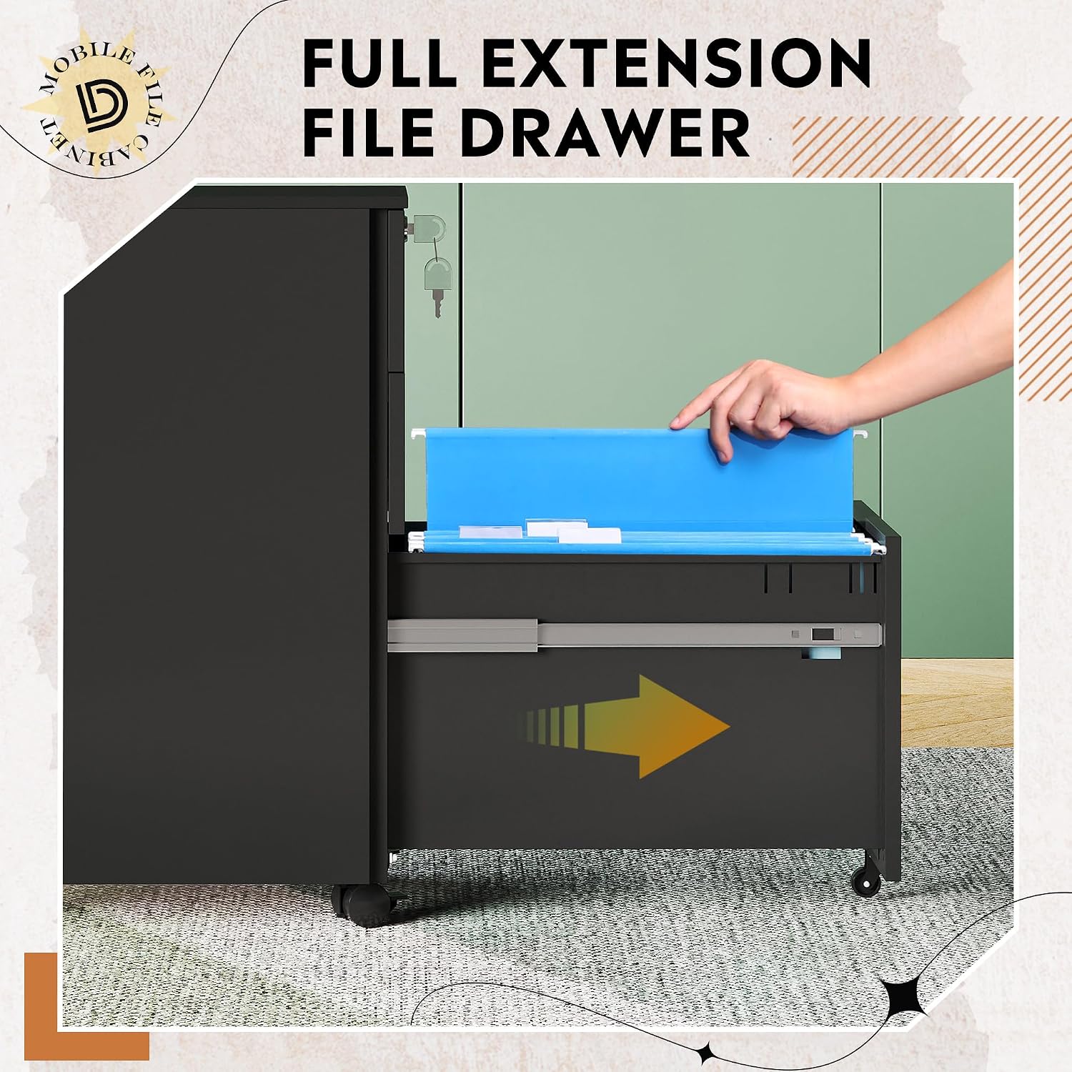 Detalle de DEVAISE 3-Drawer Mobile File Cabinet, Locking Steel, Letter/Legal/A4 File Storage