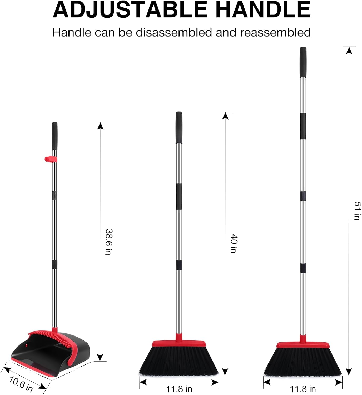 Thumbnail 1 de NACENA 52-Inch Adjustable Broom and Dustpan Set (2-Pack) with Built-in Teeth for Hair, Black & Red