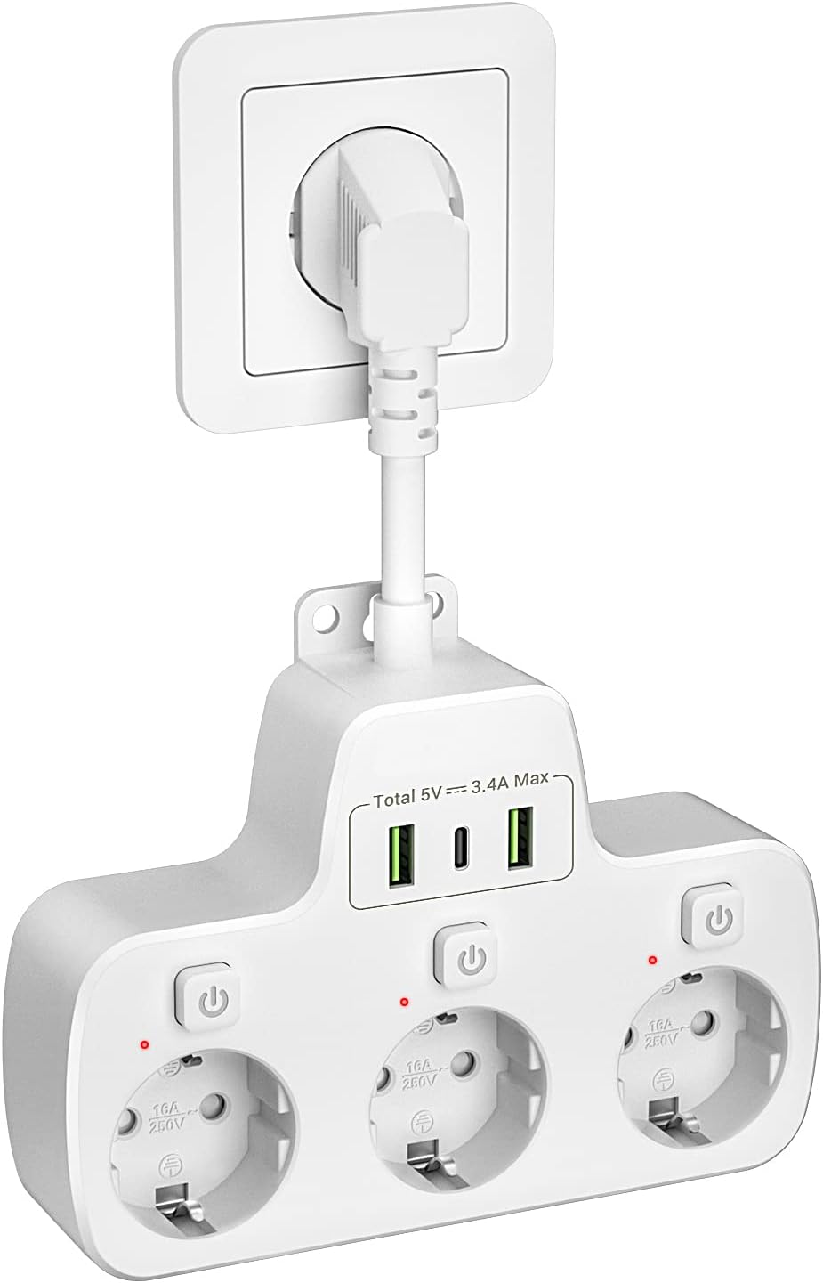 Detalle de Ciabatta Multipresa USB-C con tre prese, interruttori indipendenti e ricarica intelligente