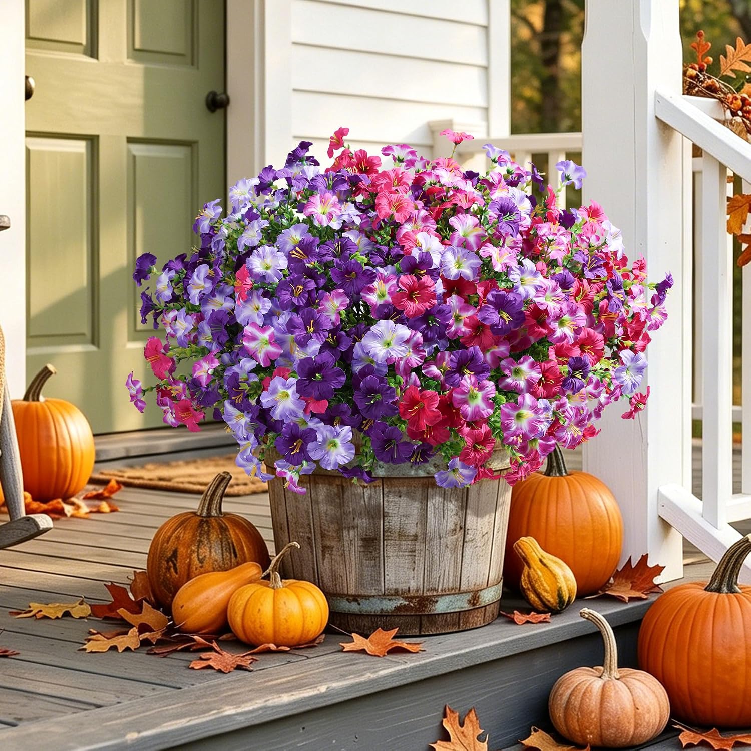 Detalle de Artificial Flowers for Outdoors: 20 Bundles Silk Petunia with Eucalyptus, UV-Resistant Faux Flowers for Outdoor Planters