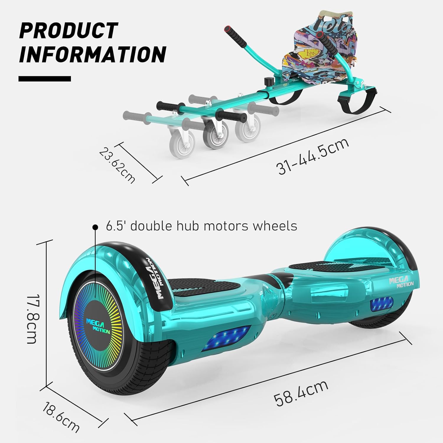 Detalle de MEGA MOTION Hoverboard 6,5 pouces avec Hoverkart Bluetooth et lumières LED pour enfants