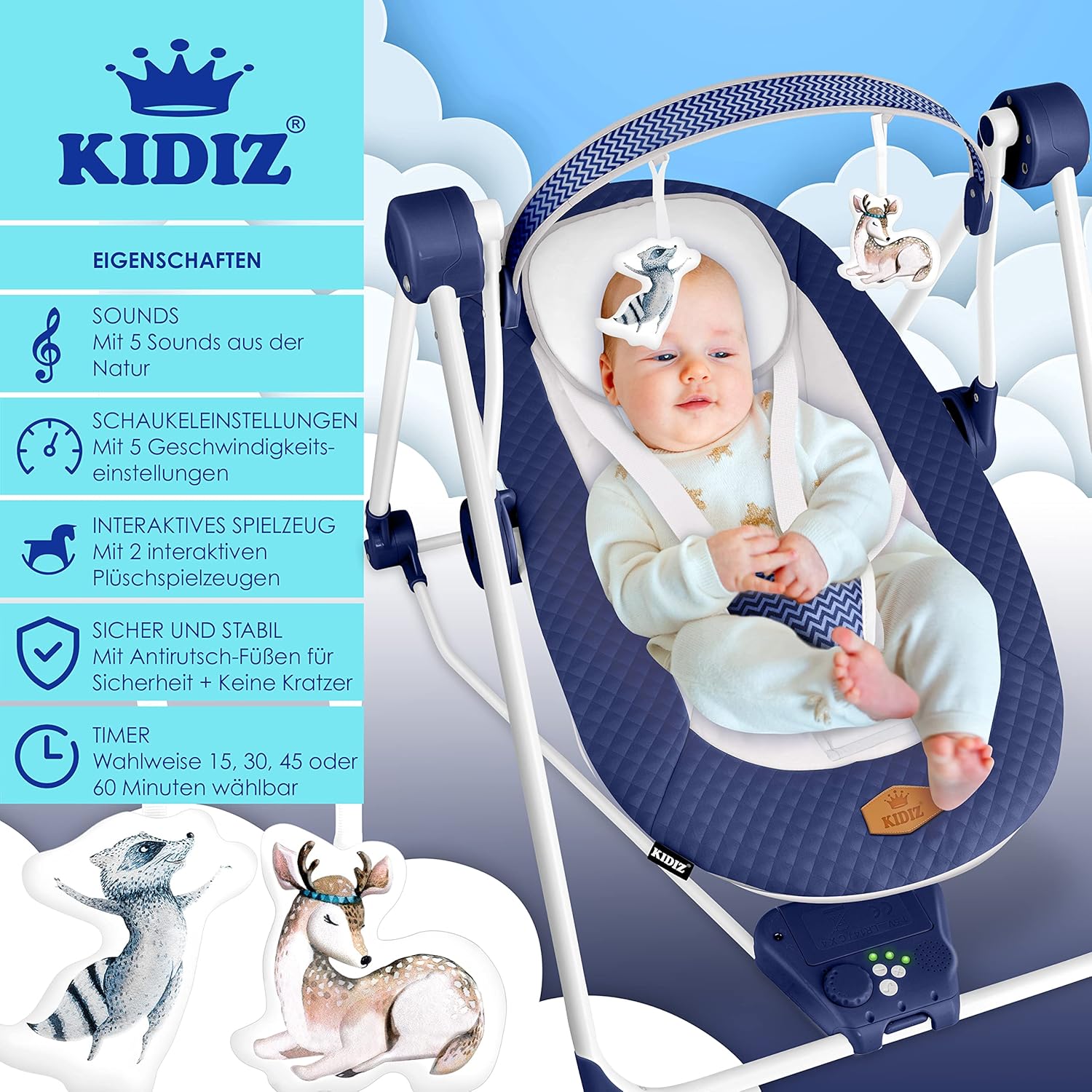 Thumbnail 1 de KIDIZ® Babywippe Babyschaukel mit 5 Geschwindigkeiten, faltbar & Spielbogen, Naturgeräusche (blau)