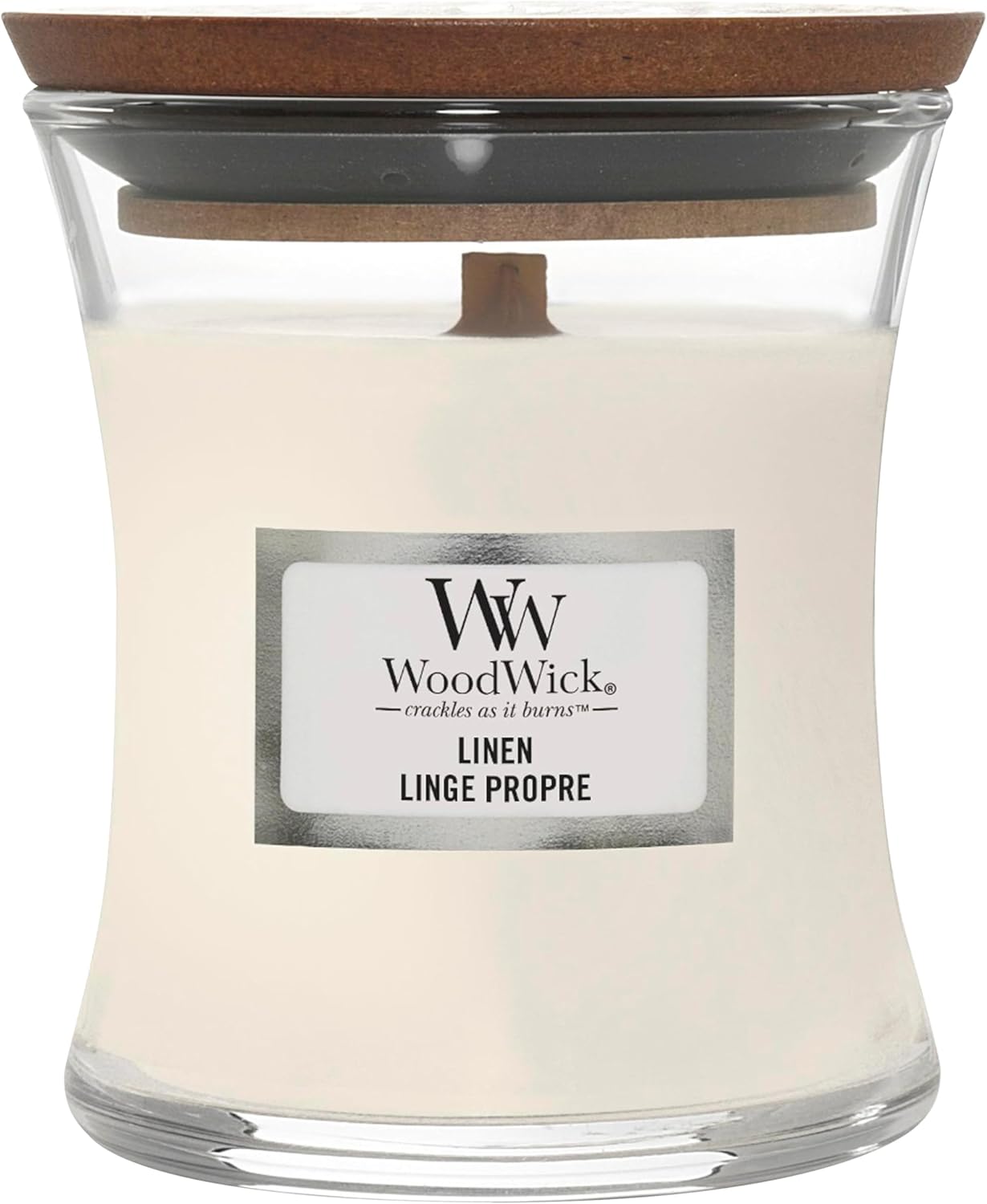 WoodWick bougie parfumée moyenne Mèche en bois – Linge propre, jusqu’à 20 h