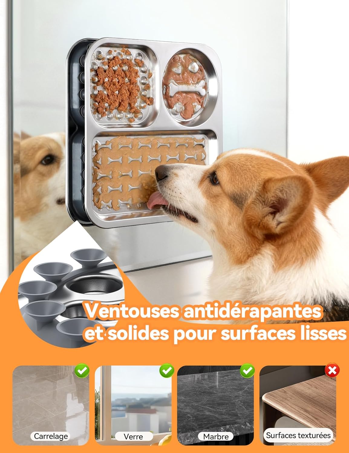 Detalle de Tapis de léchage pour chien en INOX FEELNEEDY (gamelle anti-glouton, compartimentée, ventouses antidérapantes)