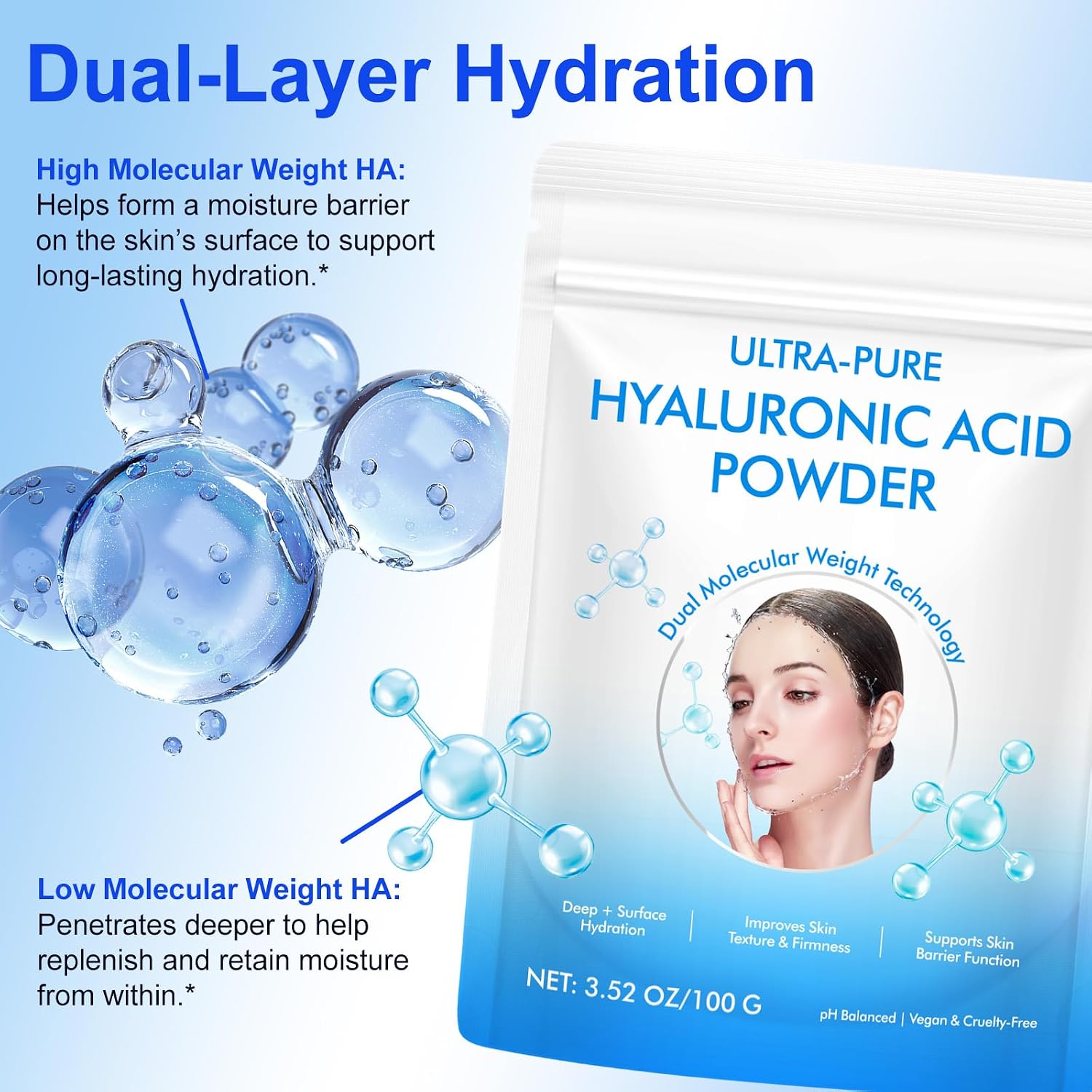 Detalle de MAYPJHEH Hyaluronic Acid Serum Powder, Dual Molecular Weight, Vegan, Water-Soluble