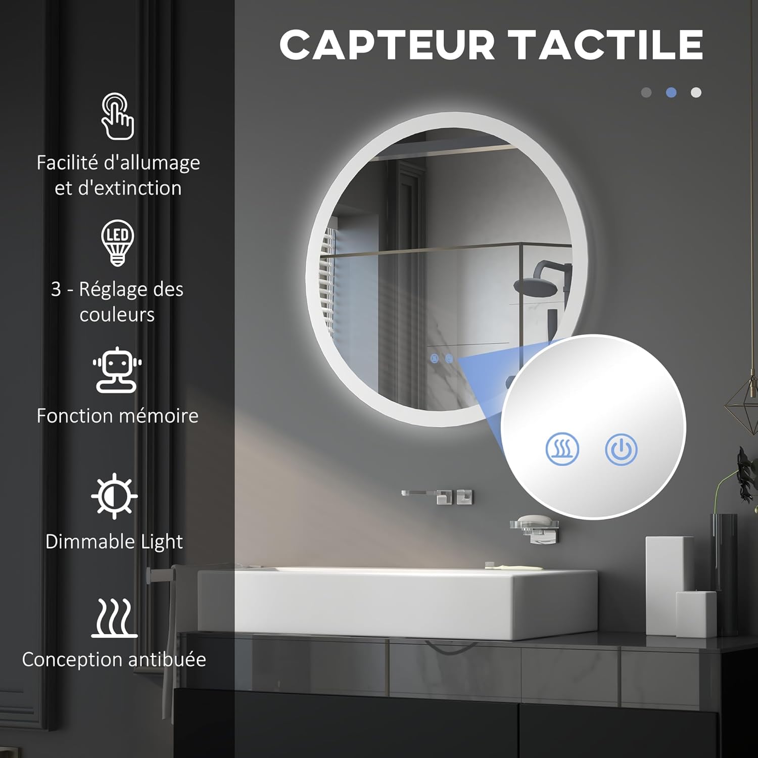 Thumbnail 2 de Kleankin Miroir Rond LED Ø70 cm pour Salle de Bain – anti-buée, éclairage réglable et mémoire