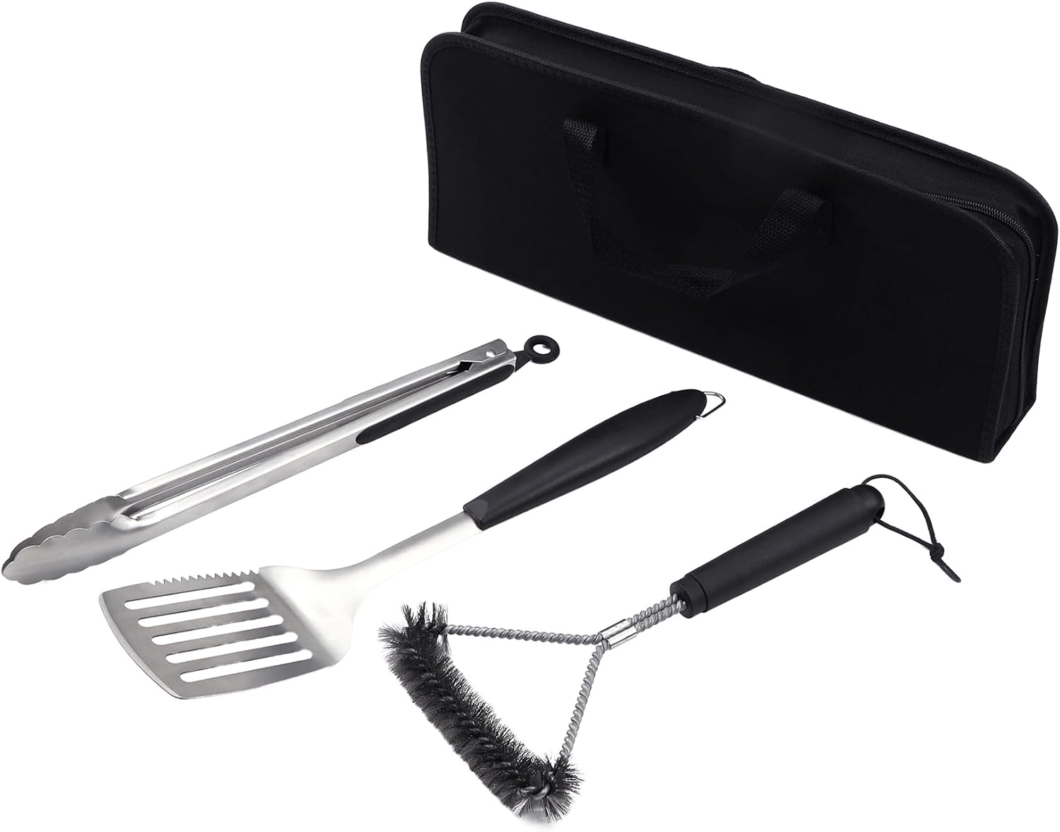 Detalle de Amig Kit 3 Accessori per Barbecue AM02: spatola, pinze e spazzola in acciaio inox con custodia