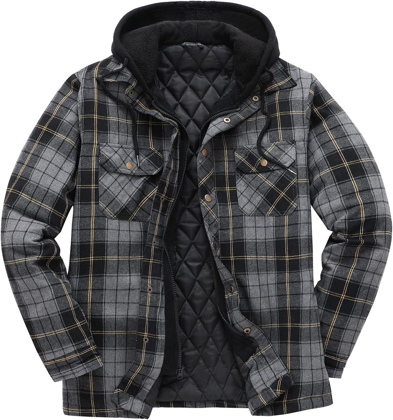 Detalle de ZENTHACE Z190628 Men's Quilted Hooded Plaid Jacket with Zip, Snaps & Six Pockets