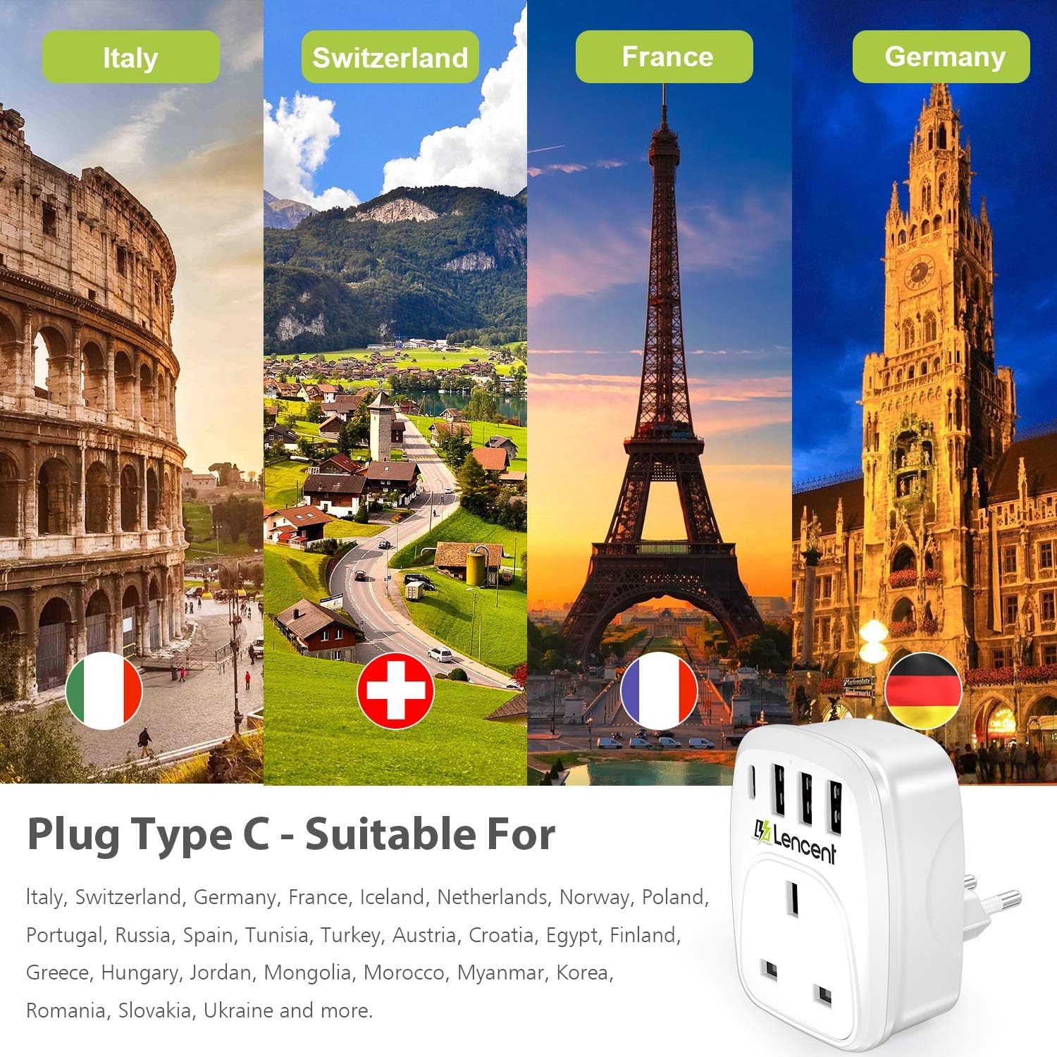Detalle 2 de LENCENT UK to EU Travel Adapter with USB-C 2-pack 🔌