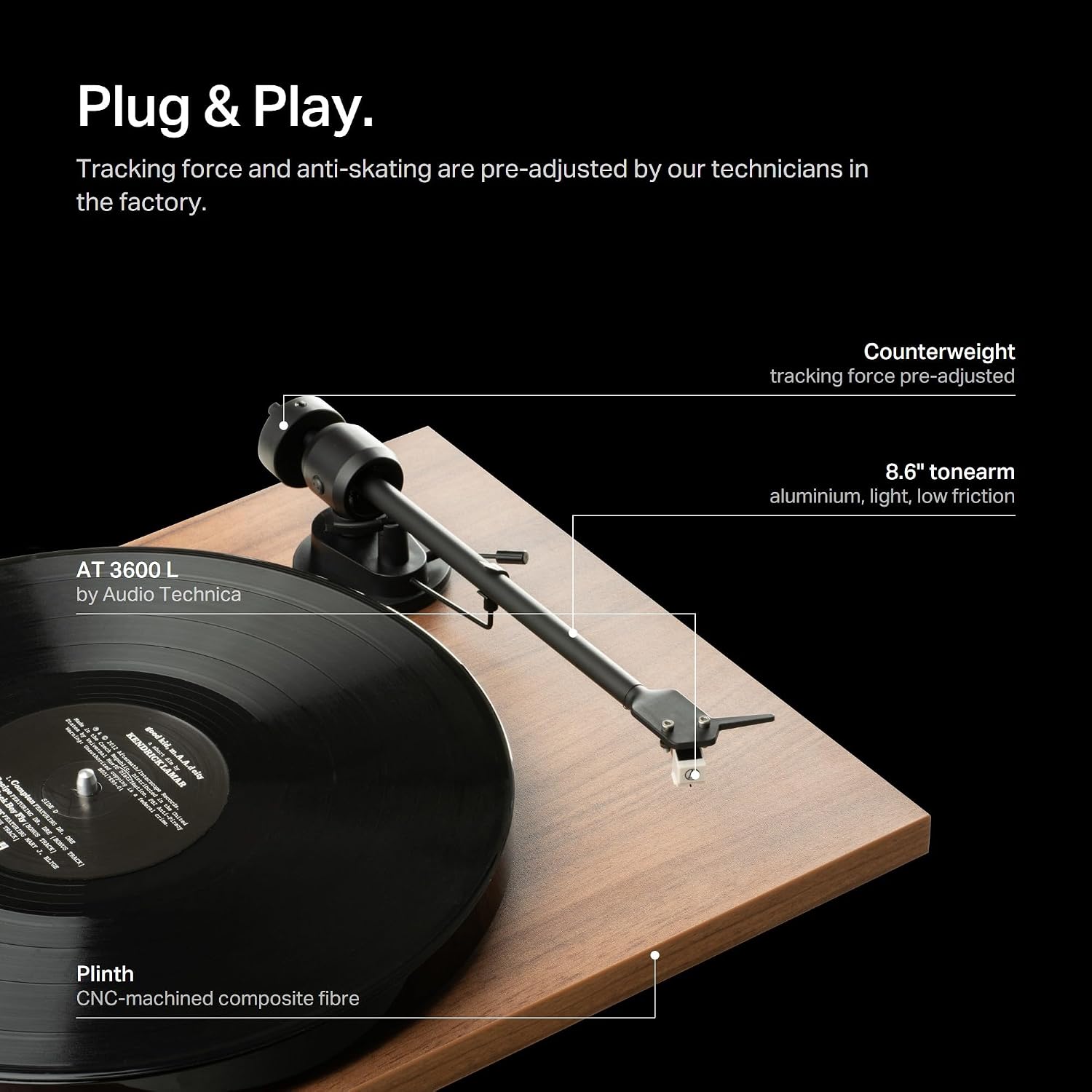 Detalle de Pro-Ject E1 Phono – gramofon z przedwzmacniaczem i wkładką AT 3600 L, biały mat