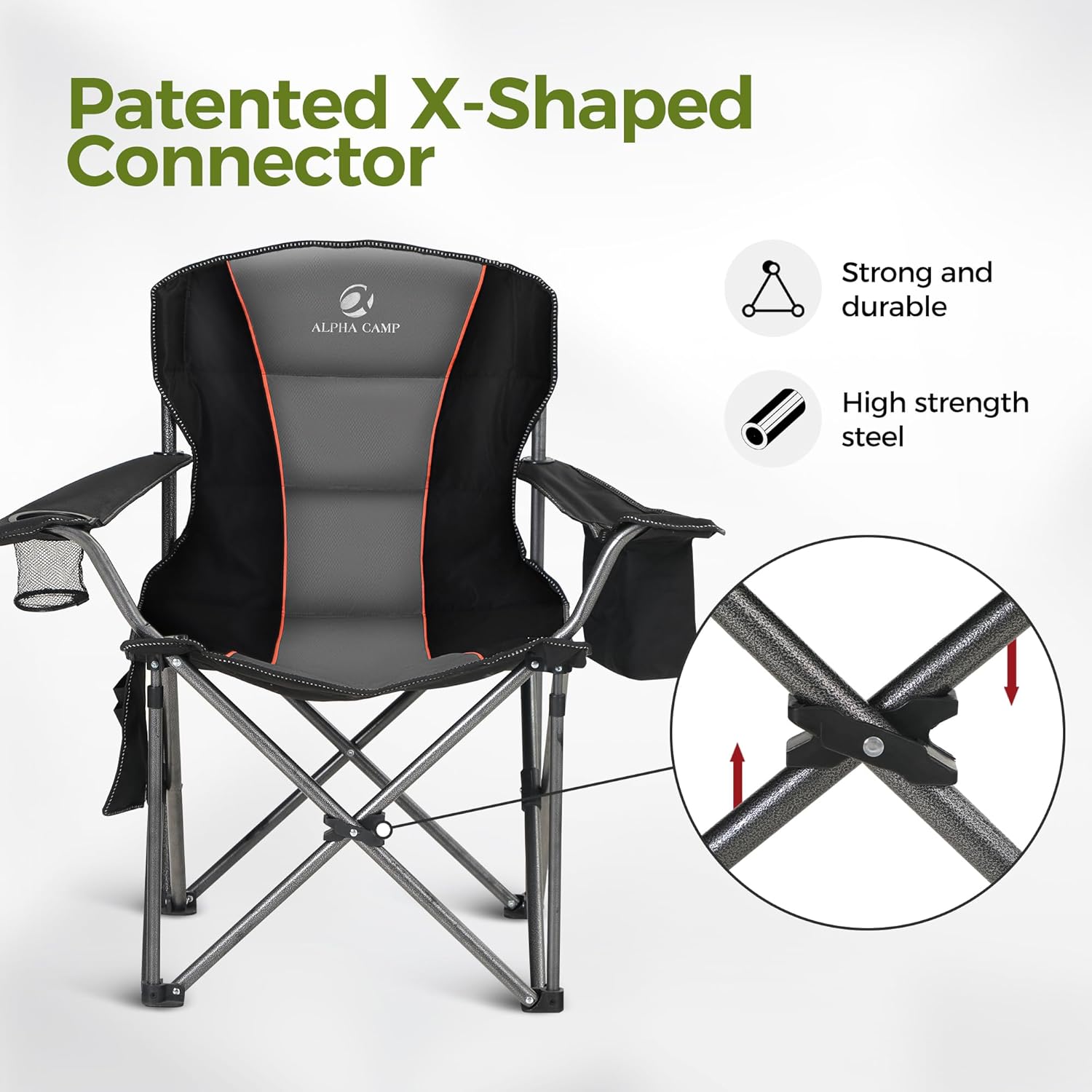 Detalle de ALPHA CAMP Set of 2 Heavy-Duty Camping Chairs for Adults (Up to 200 kg) with Cup Holder, Cooler Bag and Side Pocket