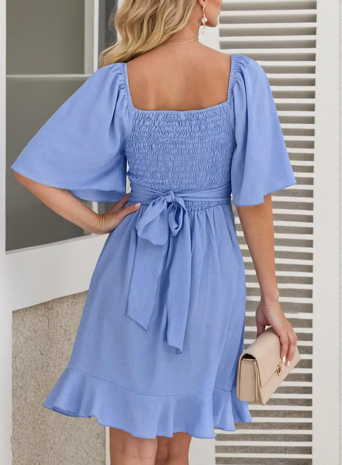 Detalle de Dokotoo Women's Wrap V Neck Mini Dress with Flared Sleeves and Tiered Hem