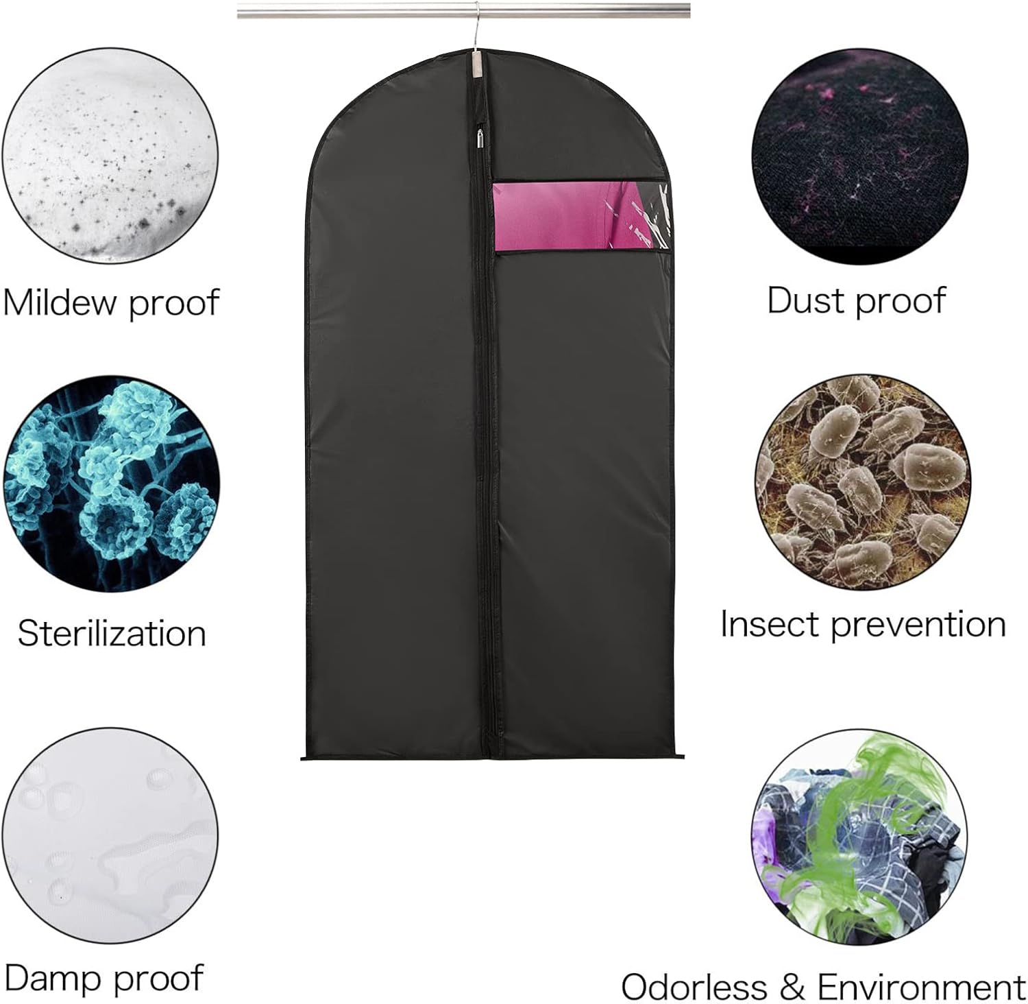Thumbnail 2 de Niviy Suit Bags Garment Covers (60 x 100cm) – Moth Proof Clothes Protectors, Translucent PEVA, Zip Closure, 5 Pack (Black)