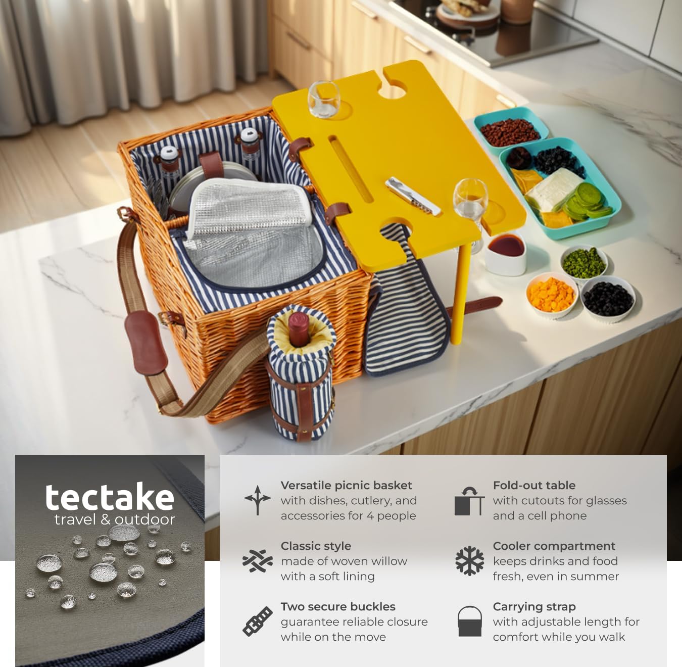 Detalle de tectake 405191-2 Rügen picknickkorg för fyra med kylfack och filt