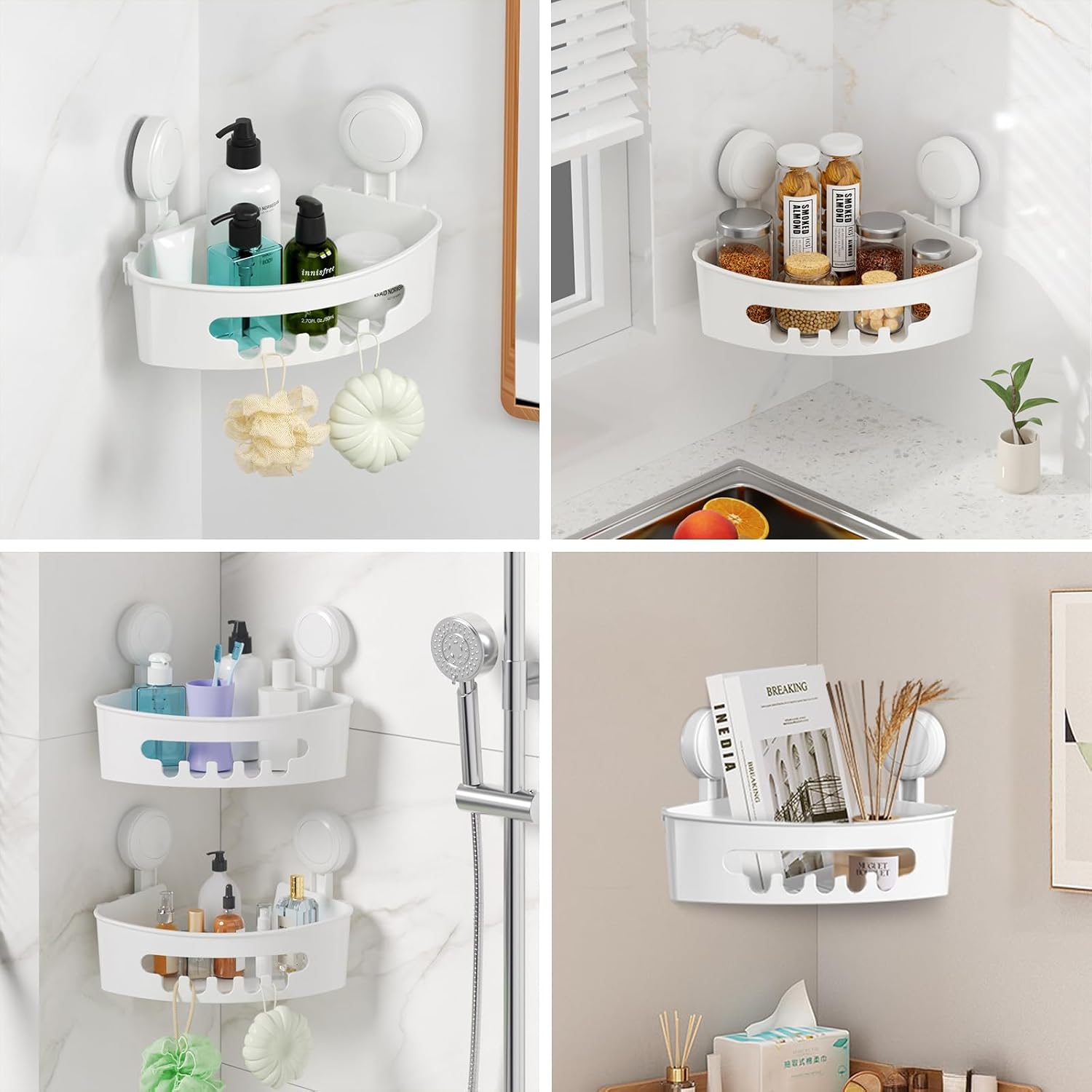 Thumbnail 6 de ilikable Corner Shower Caddy Vacuum Suction Cup Organizer (Milky White) – No Drilling, Removable Shelf with Hooks
