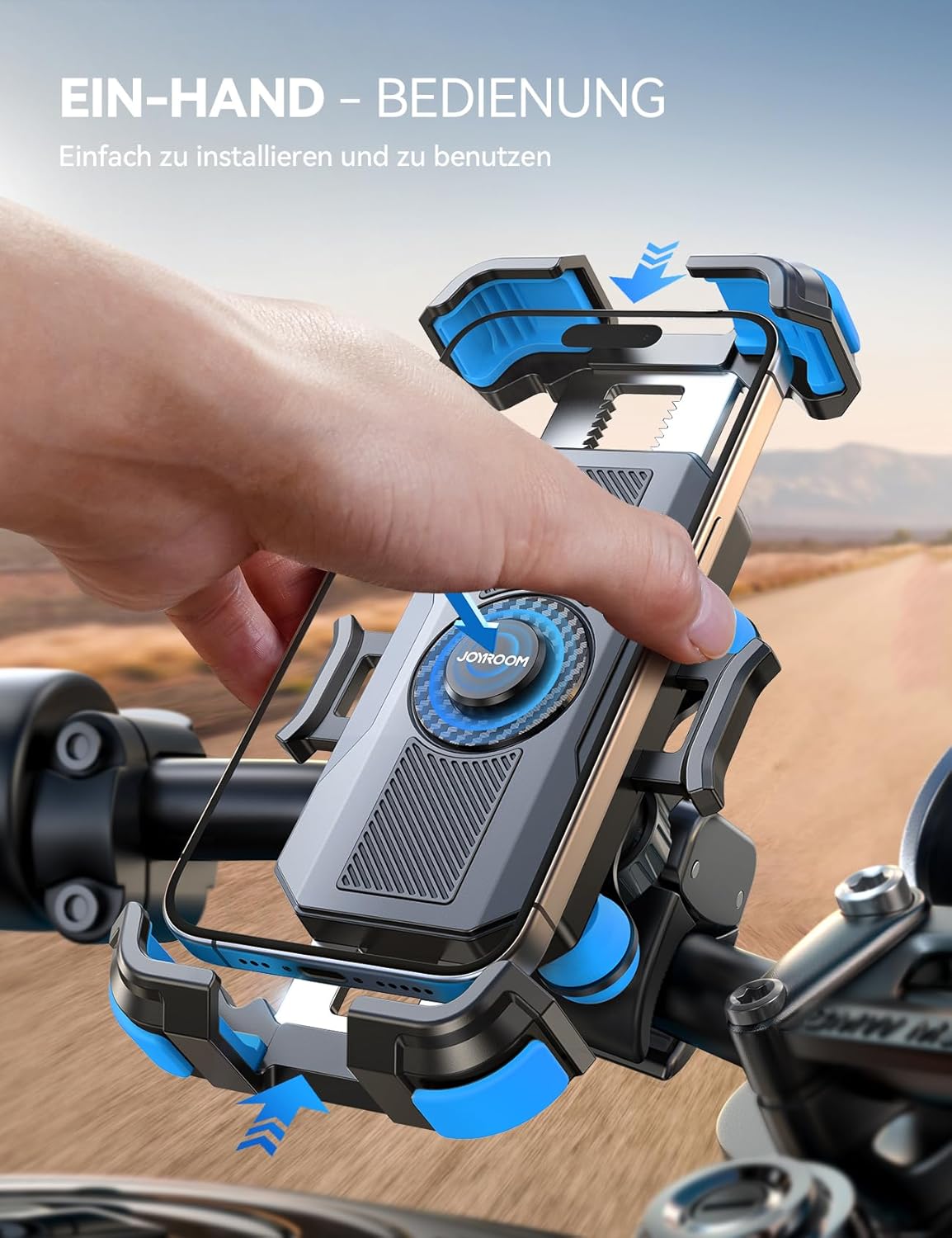 Detalle de JOYROOM Handyhalterung Motorrad – Doppelt vibrationsgedämpft, 1‑Klick Öffnung, 360° Drehbar, für iPhone 16/15/14/13 und Samsung S24/S23