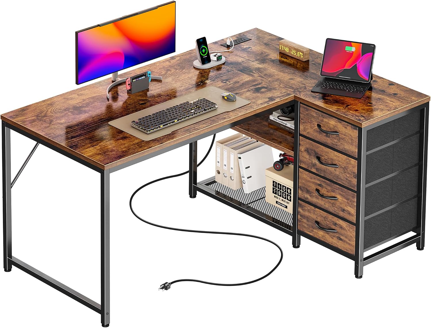 Detalle de PRAISUN 43.3-Inch Reversible L-Shaped Desk with Power Outlets and 4 Drawers