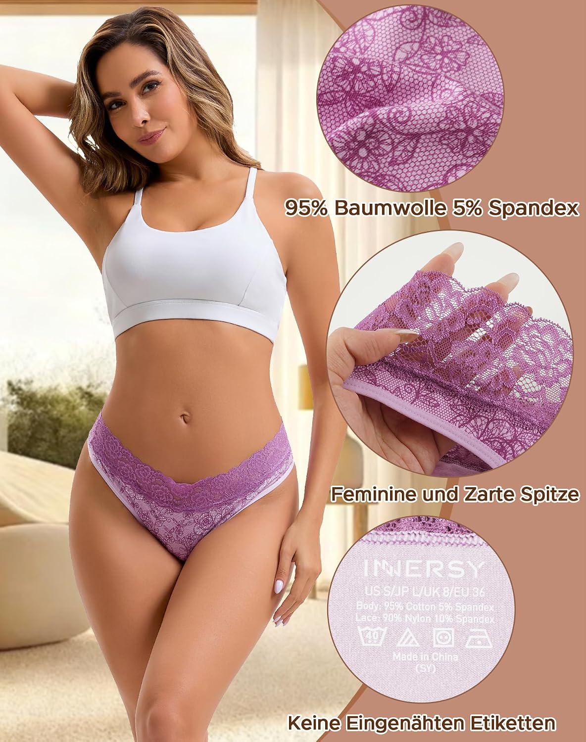 Detalle de INNERSY String Tanga Damen mit Spitze (6er Pack) aus Stretch-Baumwolle