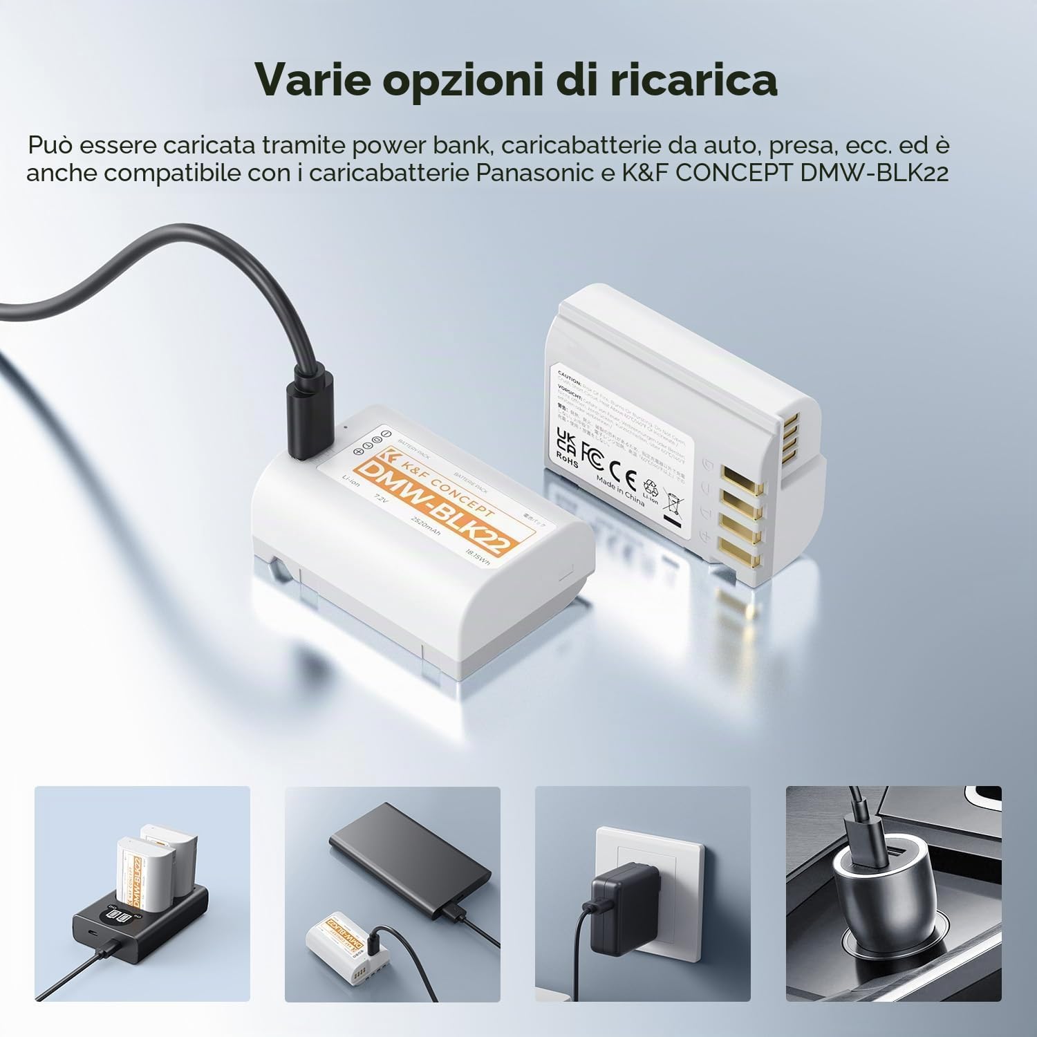 Detalle de K&F CONCEPT DMW-BLK22 2520 mAh – Set di 2 Batterie USB-C Ricarica Completa 2,5 ore, compatibili con Panasonic LUMIX (S5, S5II, GH6, GH5, G5 II, S5 IIX, GH7, S9, G9 II) – scelta affidabile