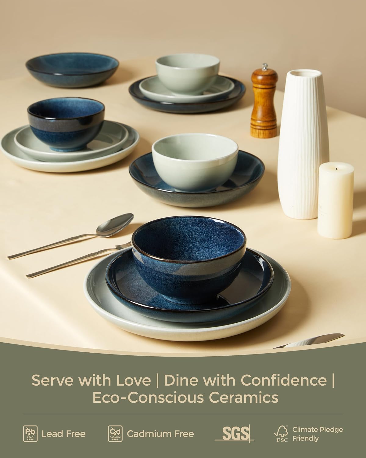 Thumbnail 6 de Pokini Stoneware Dinnerware Set for 4, 12-Piece Reactive Glaze, Slate Green