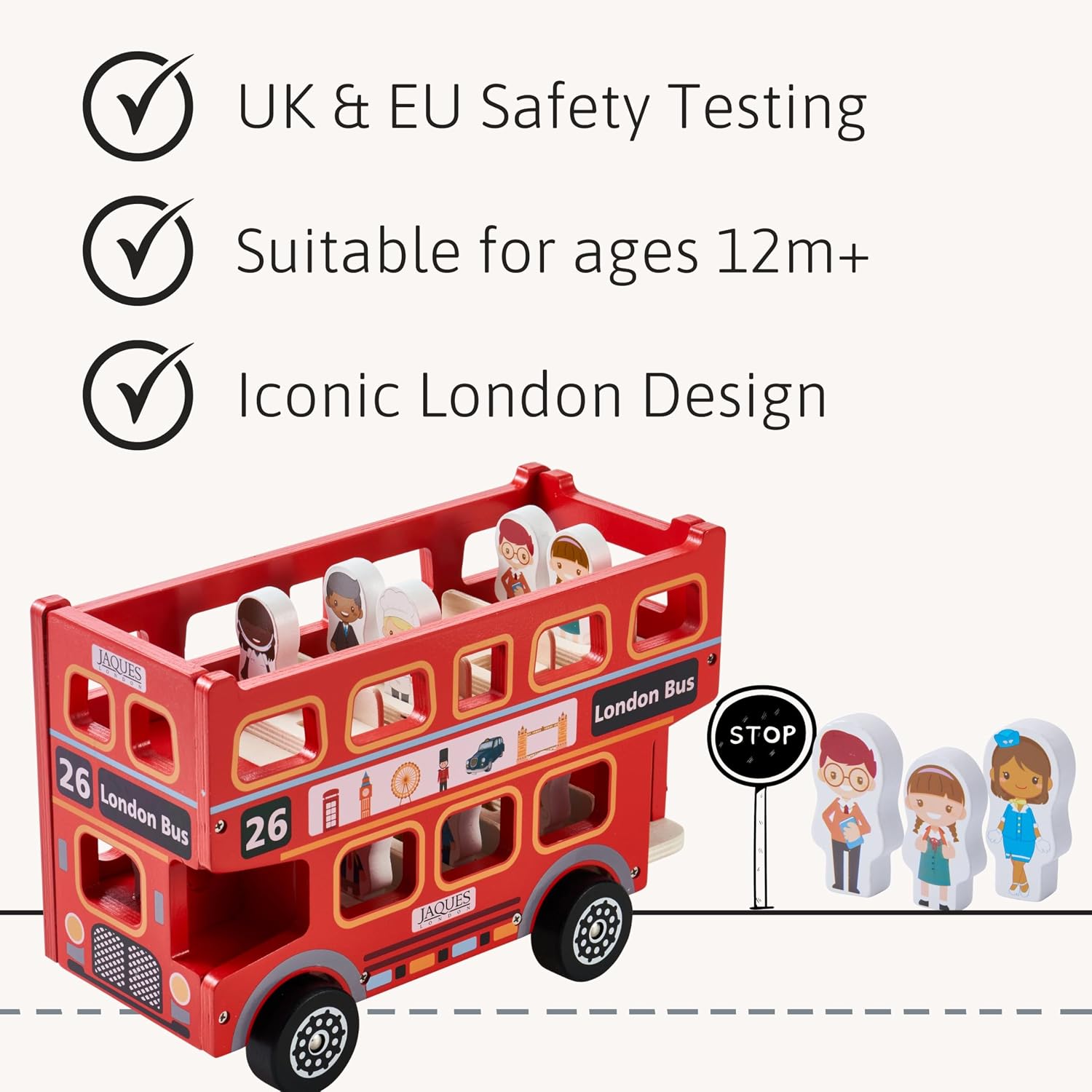 Thumbnail 3 de Jaques of London red double decker bus toy for 2 year olds (wooden wheels-on-the-bus style)