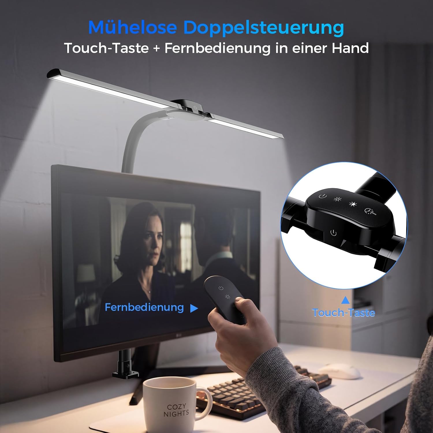 Detalle de Nevoke Schreibtischlampe LED Dimmbar – 1400 lm, 24 W, Doppelkopf mit Klemmfassung, Fernbedienung und USB-Ladefunktion