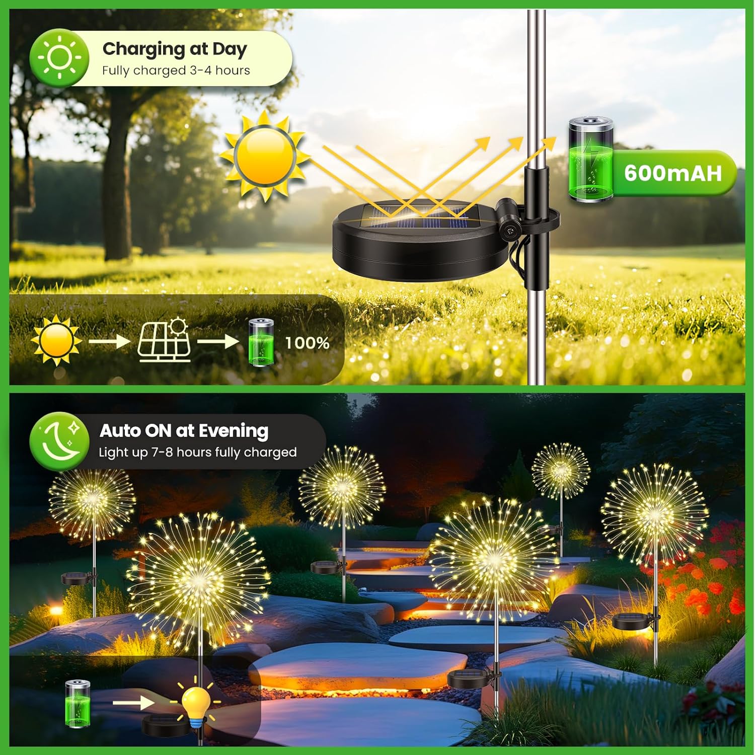Thumbnail 2 de Pack of 4 Solar Lights Outdoor Garden – Dandelion Solar Firework Lights, 120 LEDs, 8 Modes, IP65 Waterproof