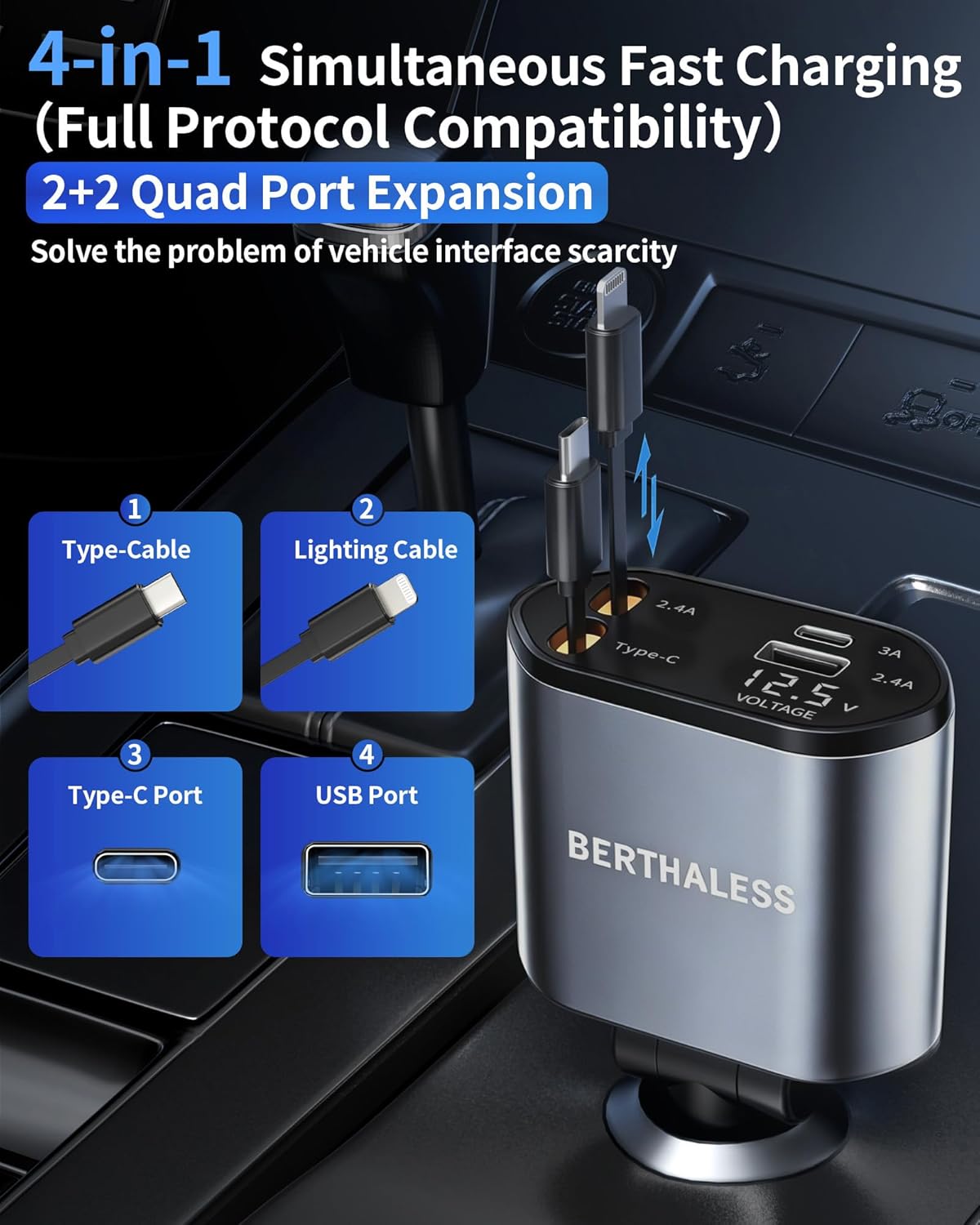 Thumbnail 4 de BERTHALESS Retractable Car Charger 4-in-1