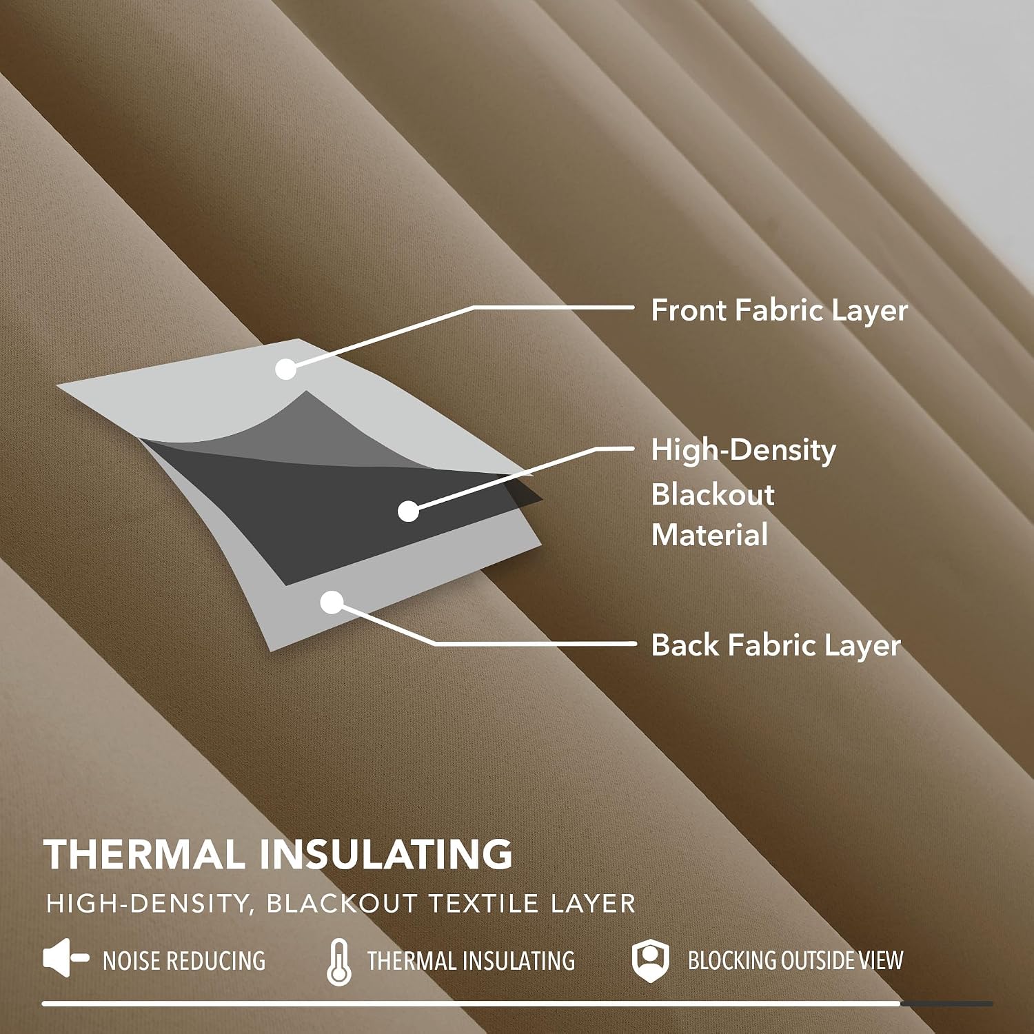 Detalle de Deconovo warmtewerende gordijnen 140 × 175 cm, 2 panelen, taupe met plooiband
