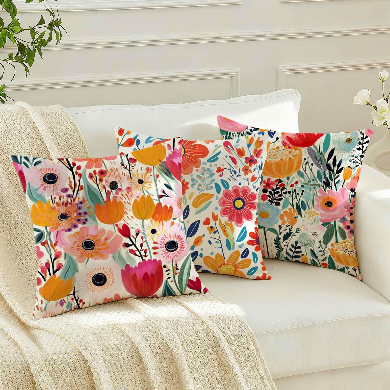Detalle de Avalune Kissenbezug Frühling 45x45 Blumen Rot Blau – 2er Set, Leinoptik, waschbar