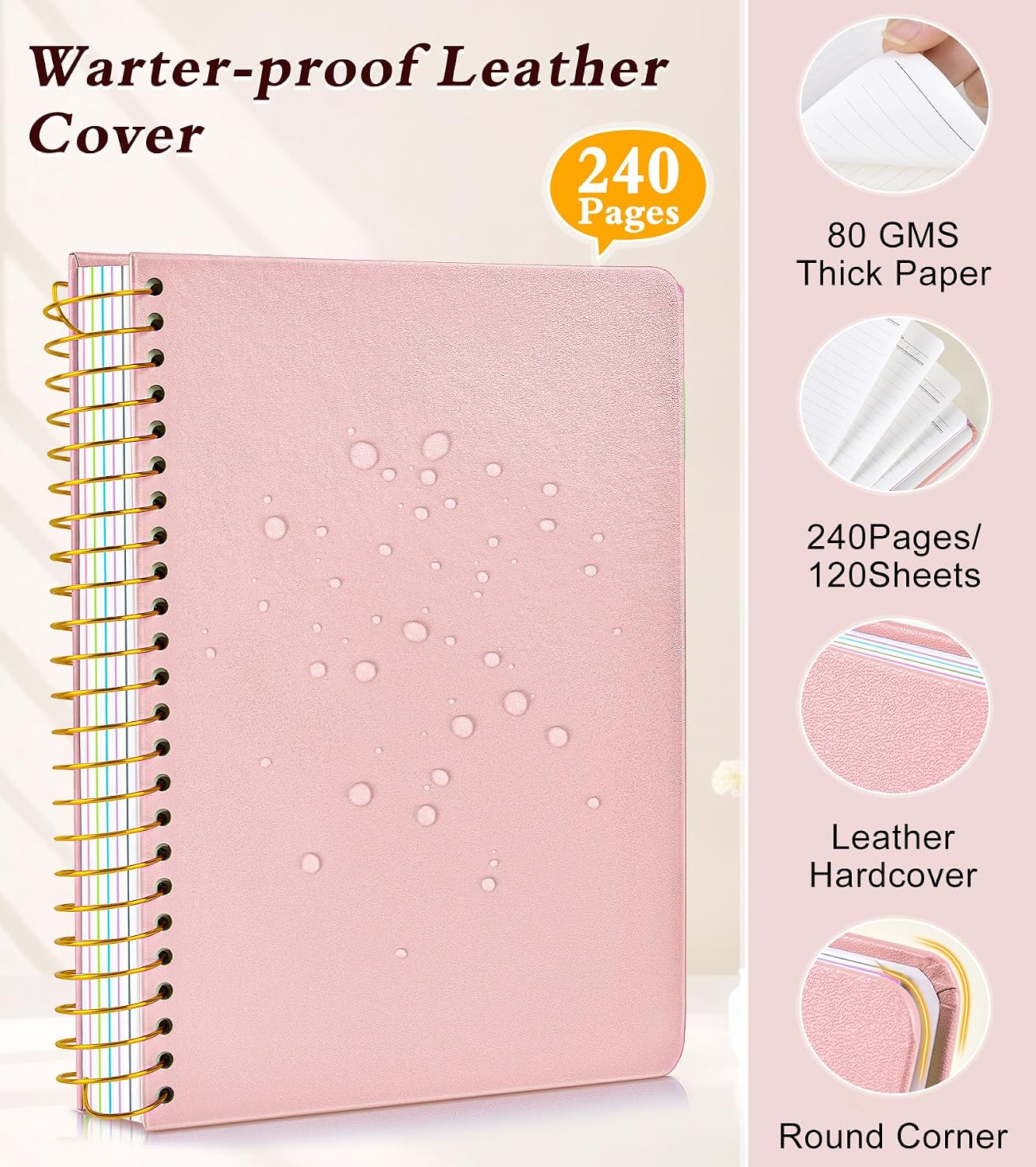 Detalle 2 de JASLEKO 5-Subject A5 Spiral Notebook, 240 Pages, Pink, Pocket Dividers