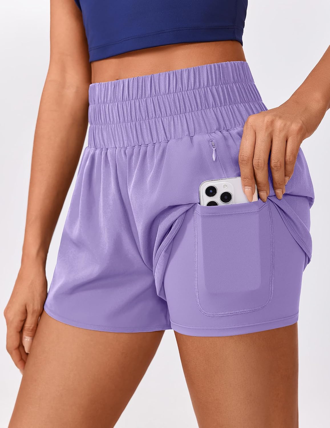 Detalle de PINSPARK Women's 2-in-1 Running Shorts: Quick-Dry, High-Waisted with Secure Zip Pockets