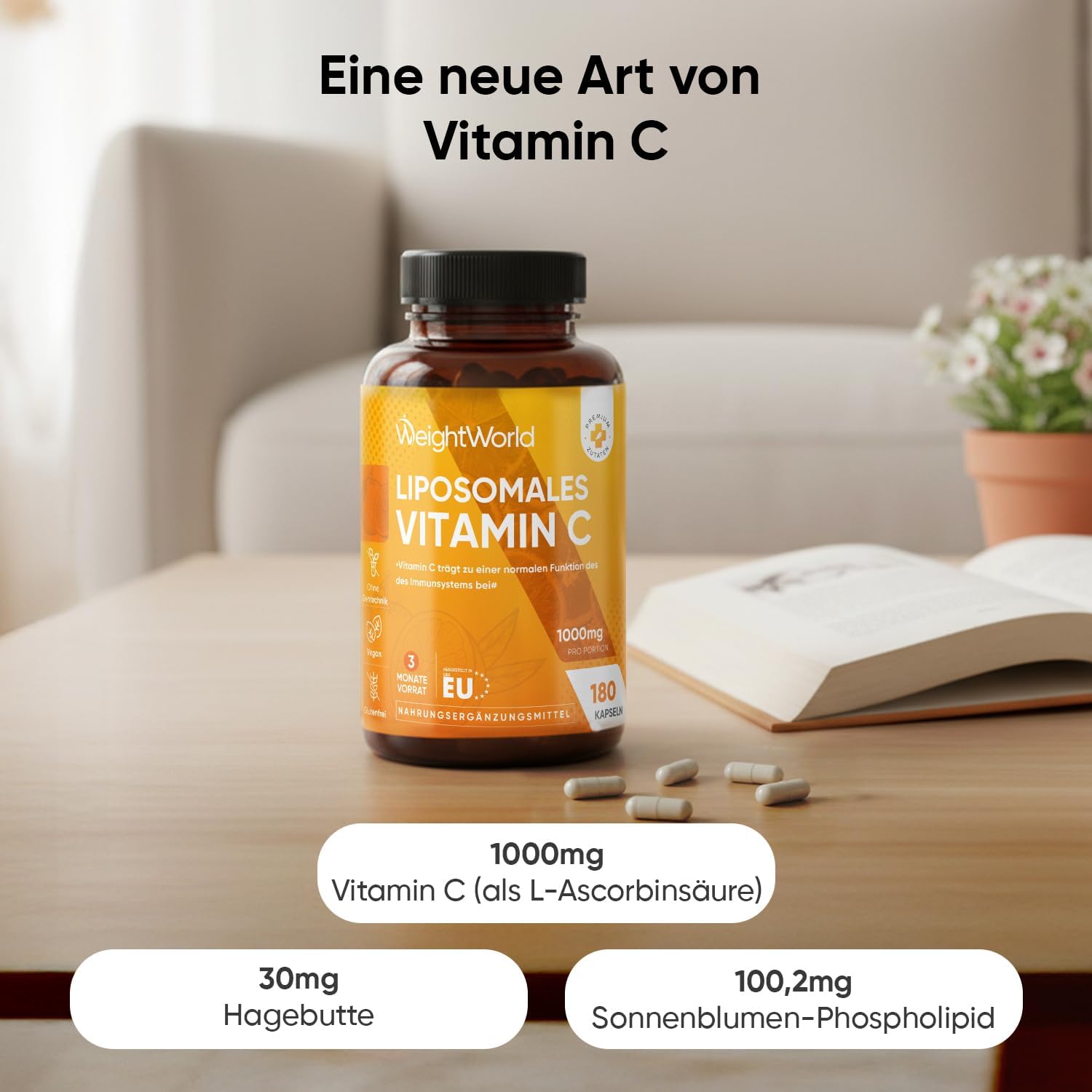 Detalle de WeightWorld Liposomales Vitamin C 1000 mg (180 vegane Kapseln) mit Sonnenblumenphospholipiden & Hagebutte