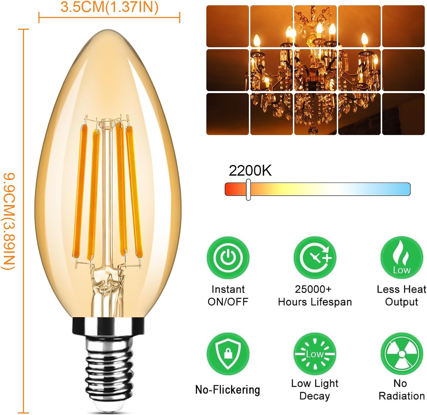 Detalle de Yochoice 320104-04 E12 LED Candelabra Bulbs, 2200K, Dimmable, 6-Pack