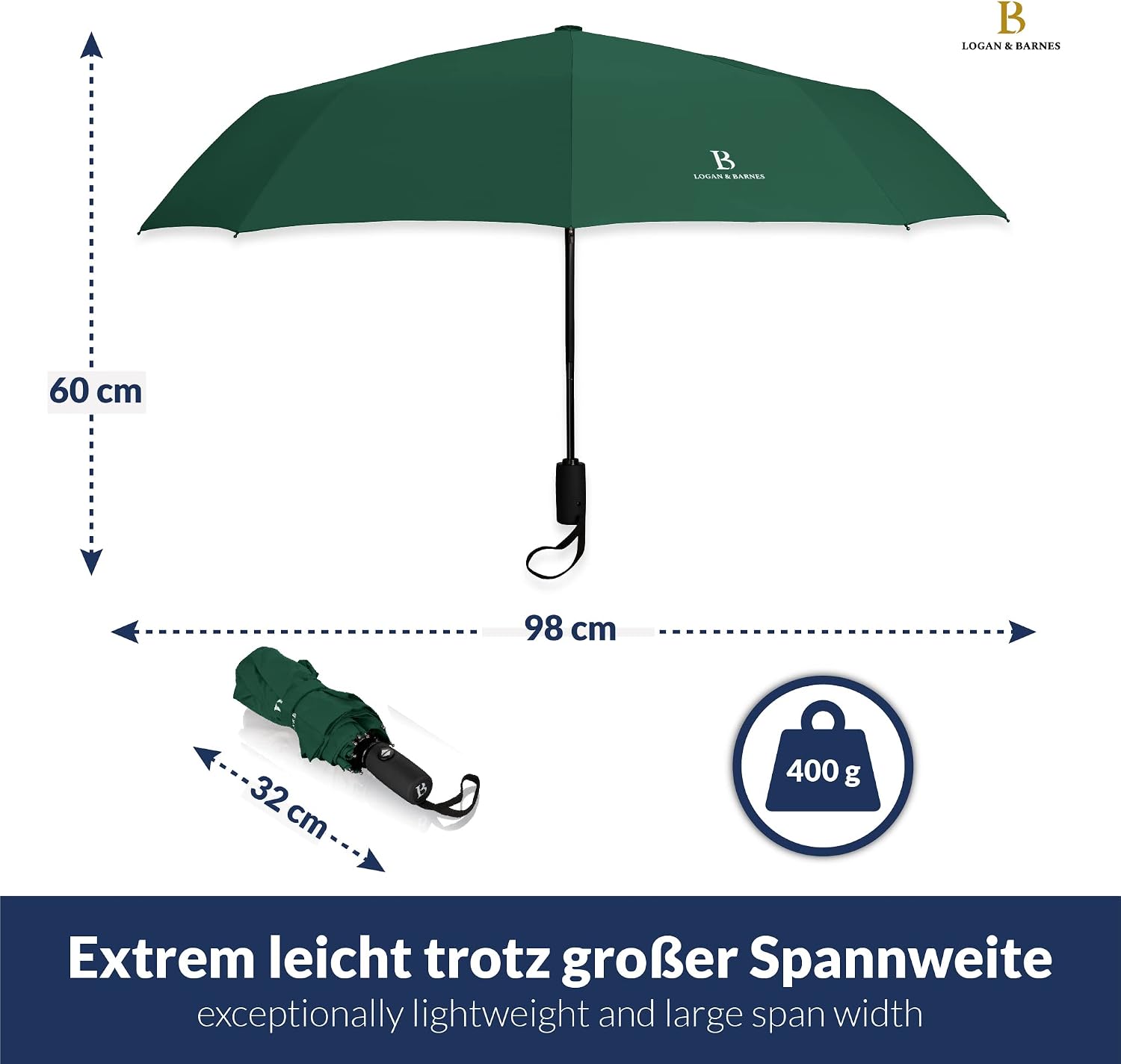 Detalle de LOGAN & BARNES Boston Taschenschirm sturmfest bis 140 km/h mit Auf-Zu-Automatik und Teflon-Beschichtung