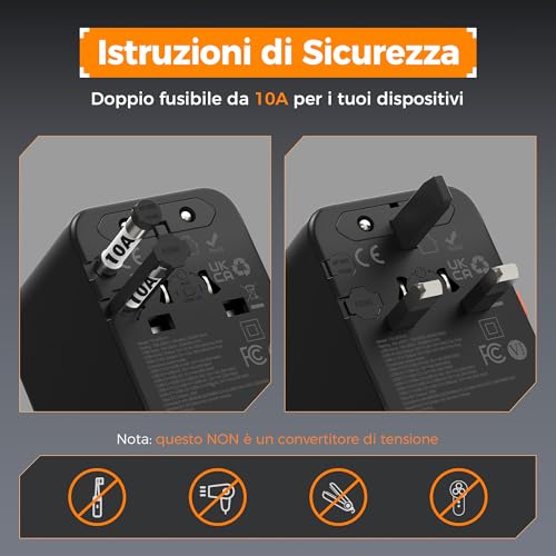 Detalle 2 de TESSAN Adattatore Universale da Viaggio 20W con 2 USB-C e 2 USB-A – 2500W Max