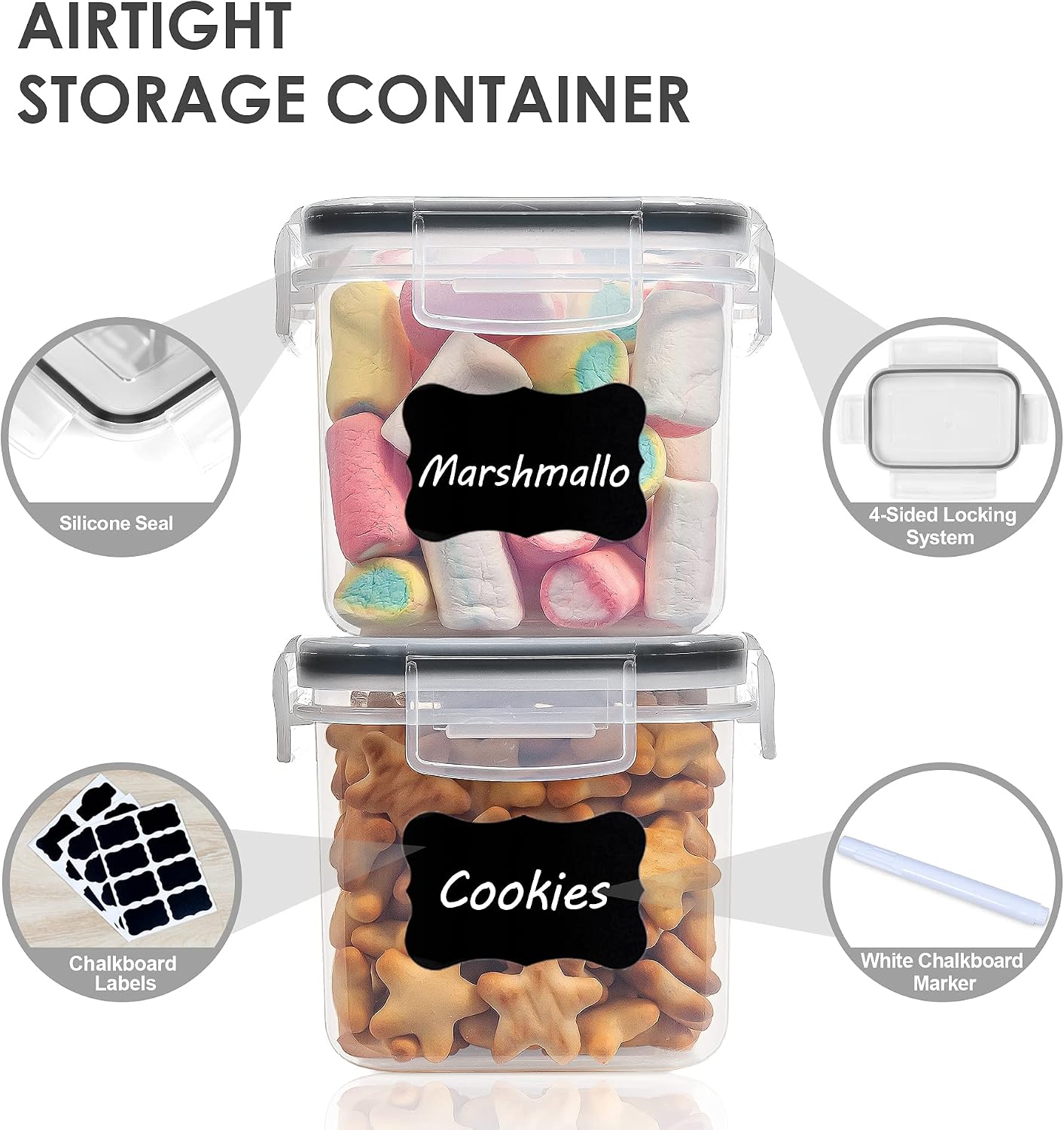 Detalle 2 de Vtopmart Vorratsdosen-Set 0,8 L (BPA-frei), luftdichte Schüttdosen für Müsli & Trockenware – Set mit Etiketten