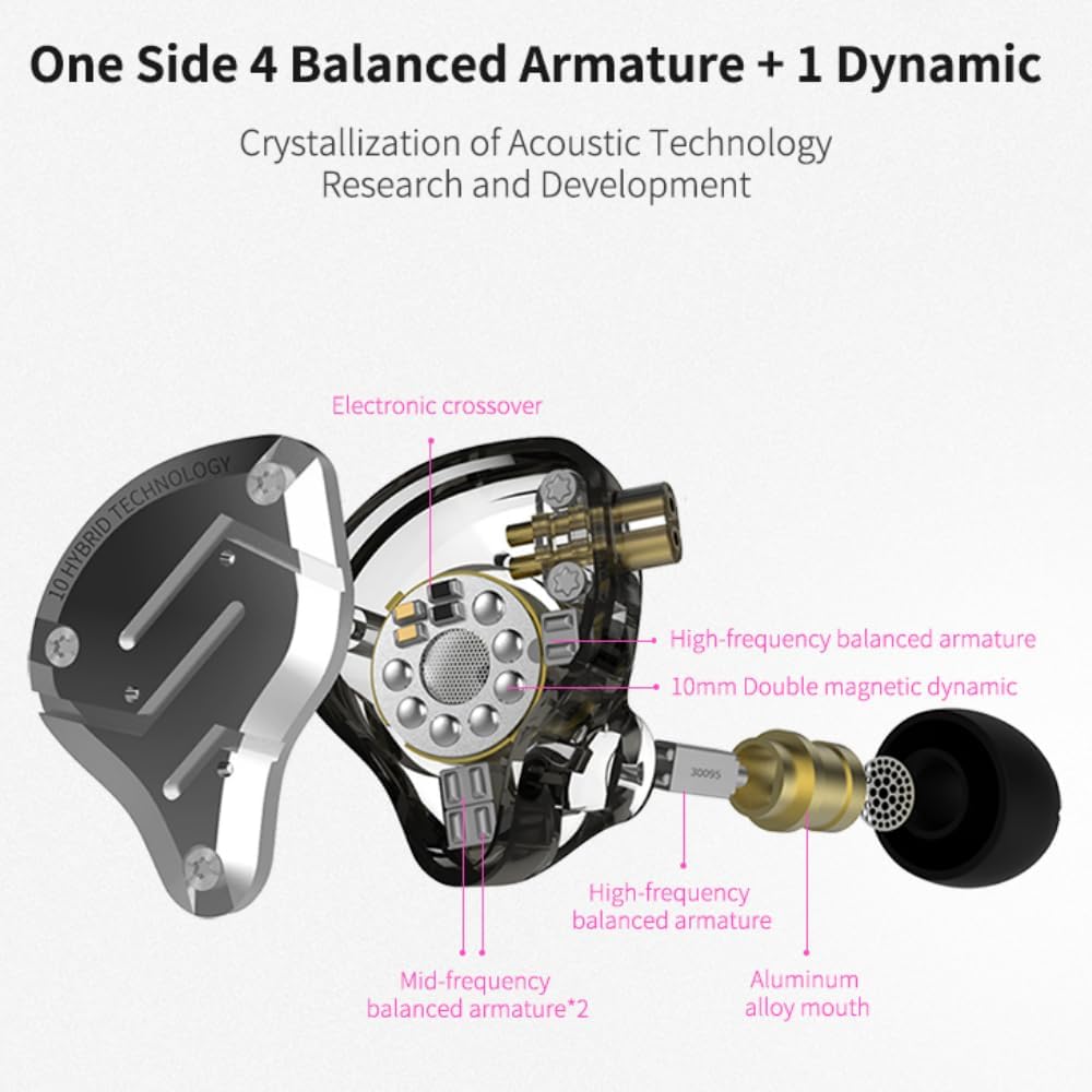Detalle de Yinyoo KZ ZS10 PRO Wired IEM Earphones, 4BA+1DD Hybrid Drivers, Matte Black