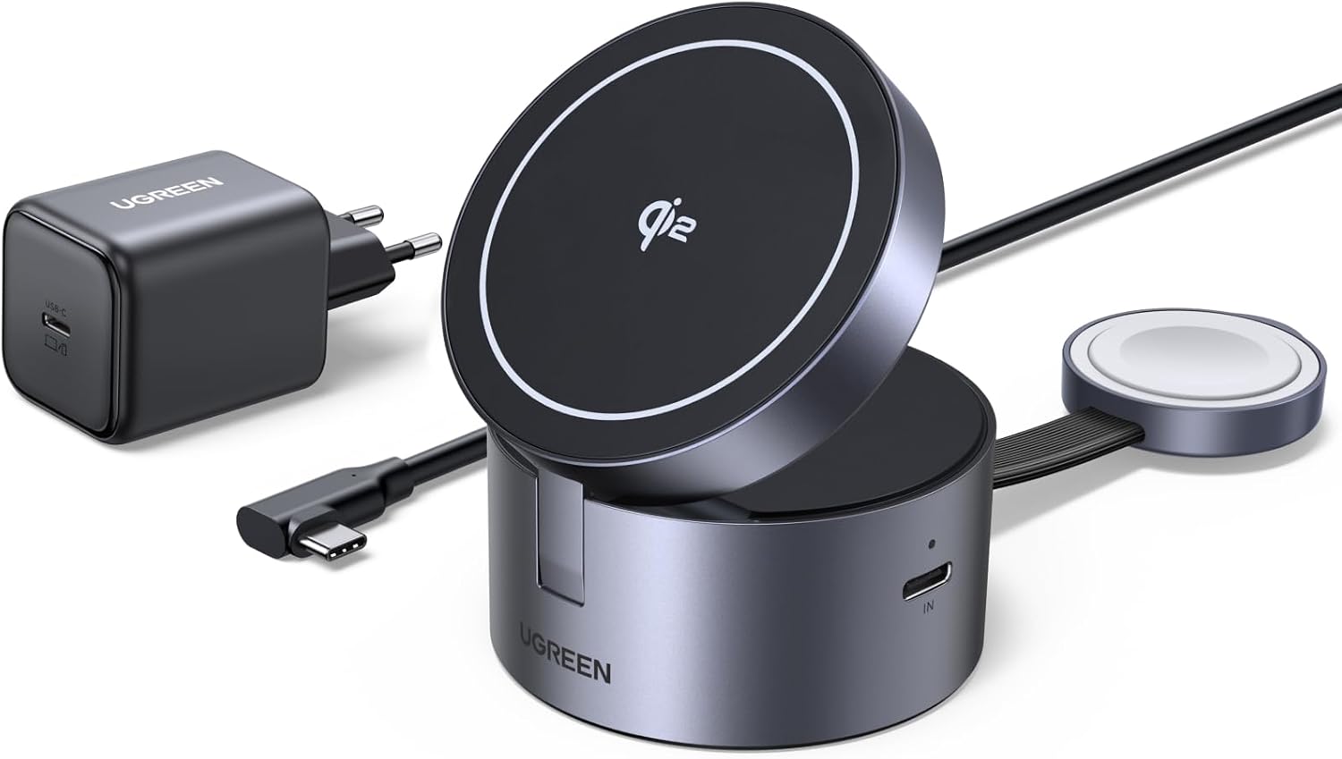 Detalle de UGREEN MagFlow Caricatore wireless 3 in 1 15W per iPhone, Watch, AirPods